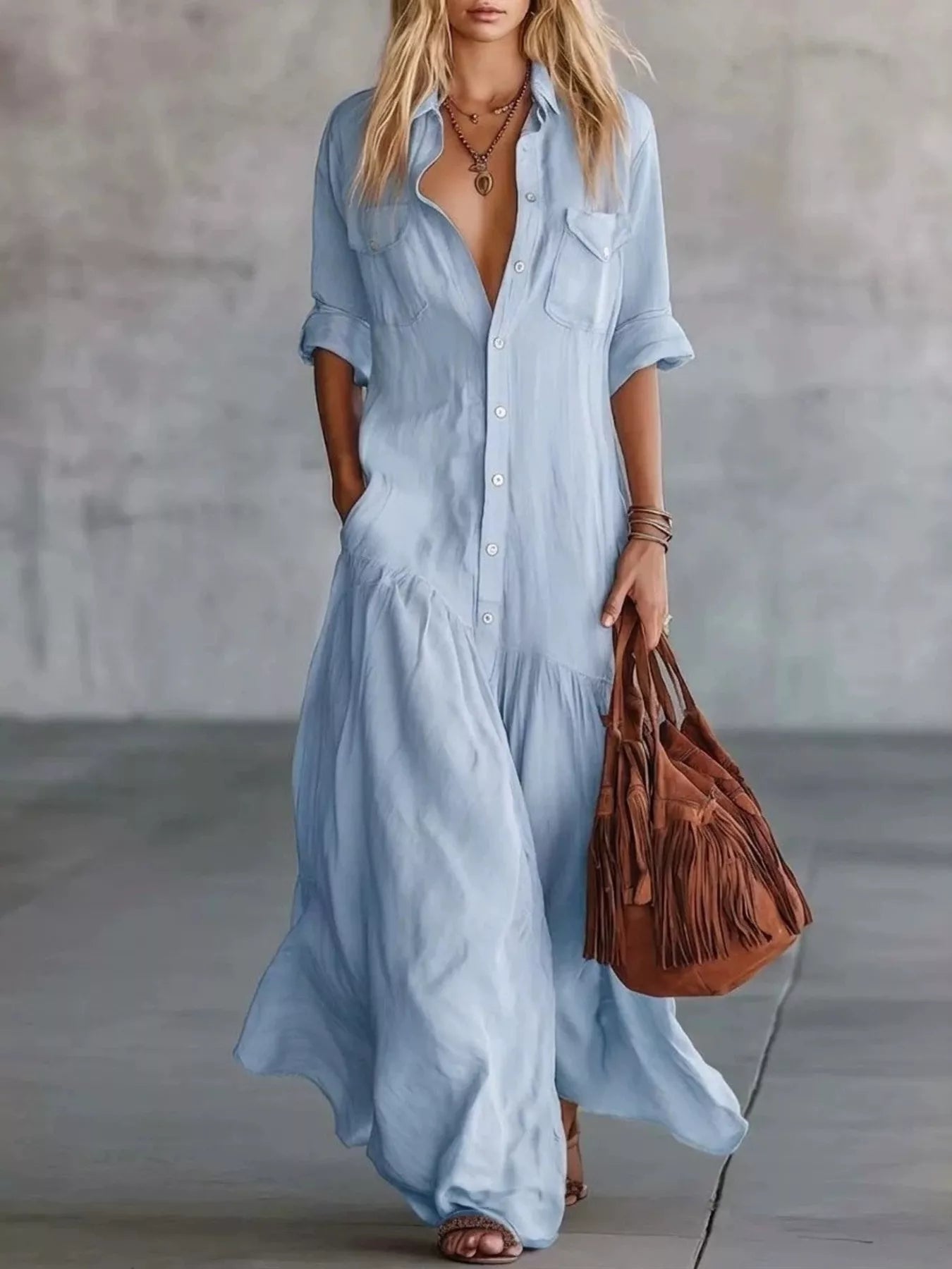 Button Front Roll-Up Sleeve Maxi Dress – Simply Edyn & Co