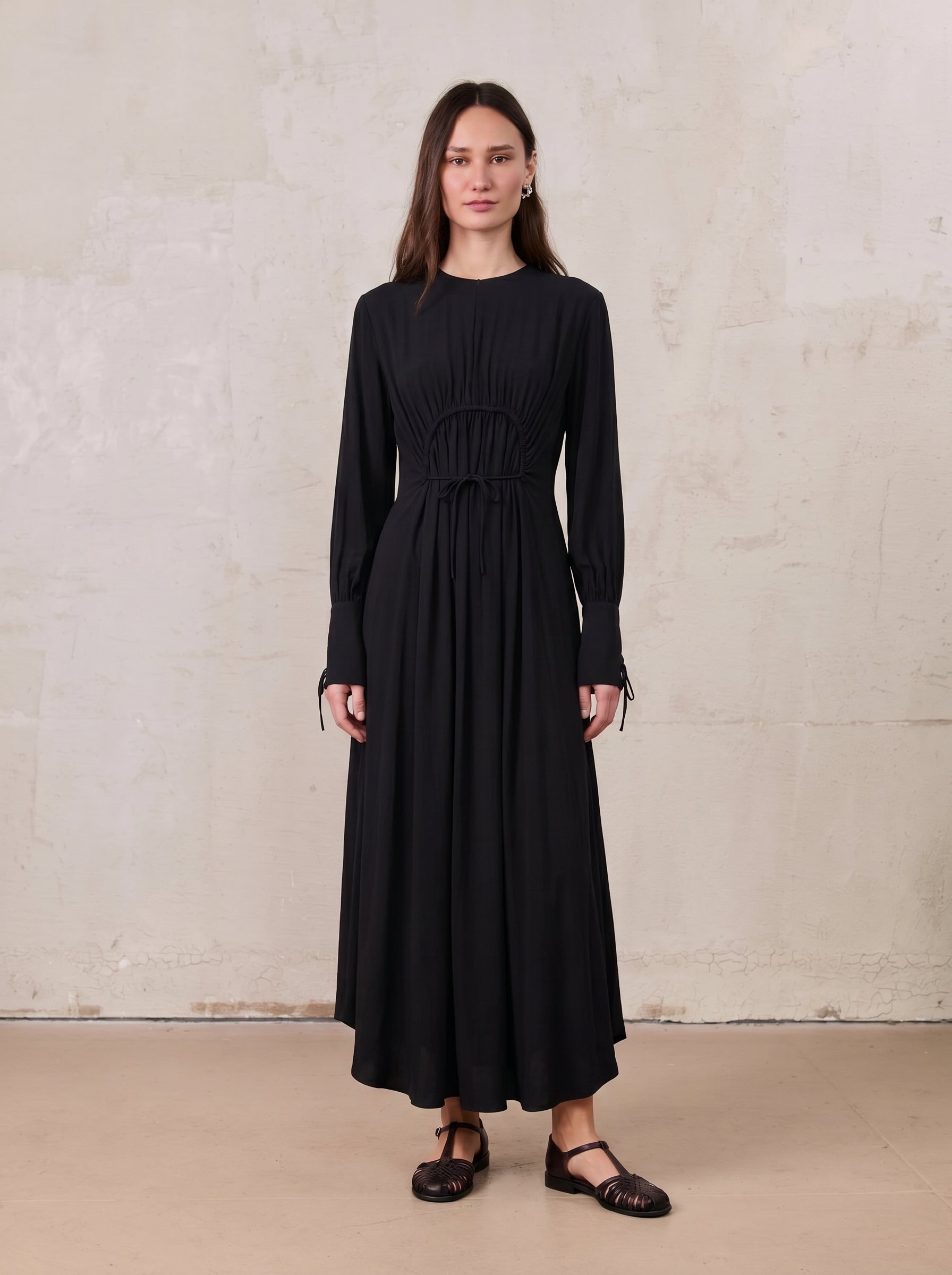 High Waist Drawstring Maternity Dress-Black-0