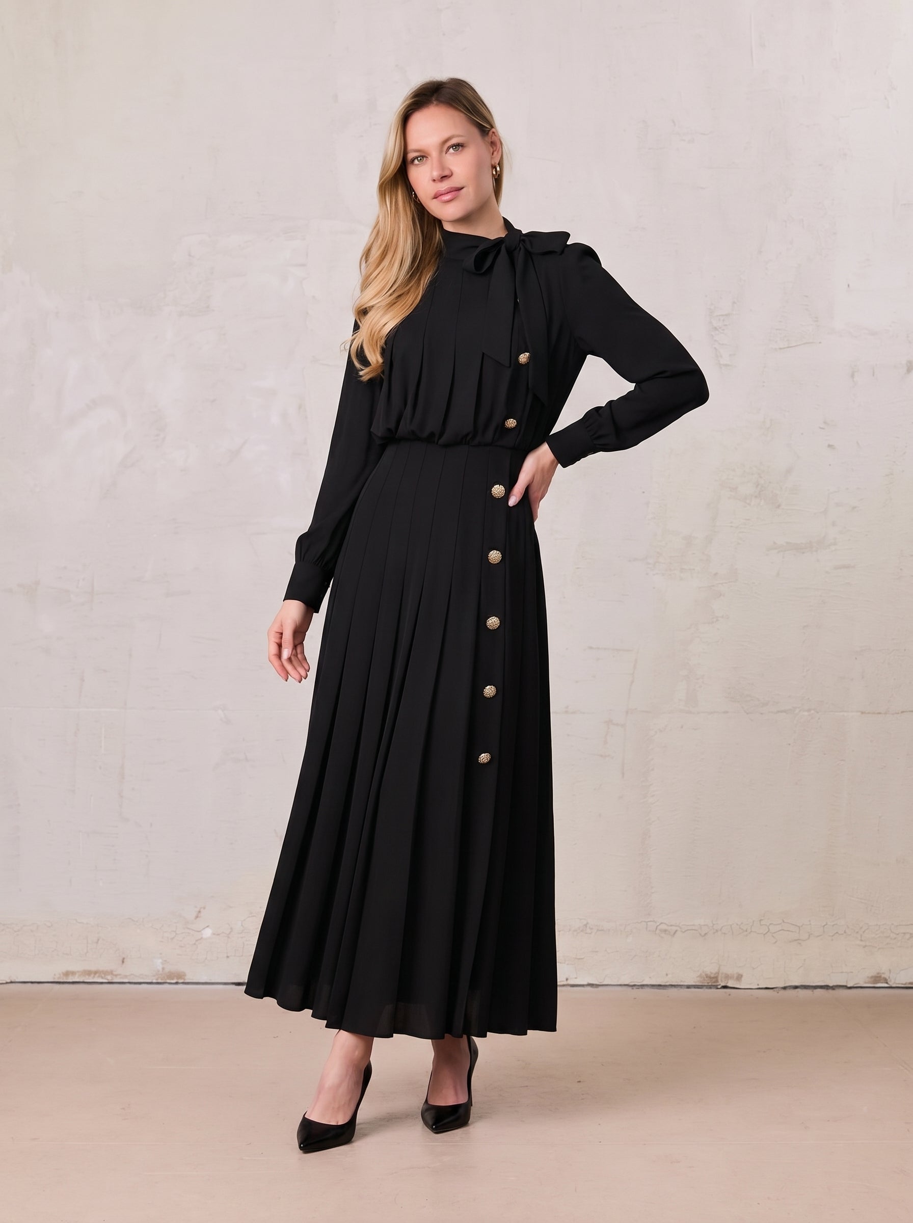 Side Button Pleat Dress-Black-0