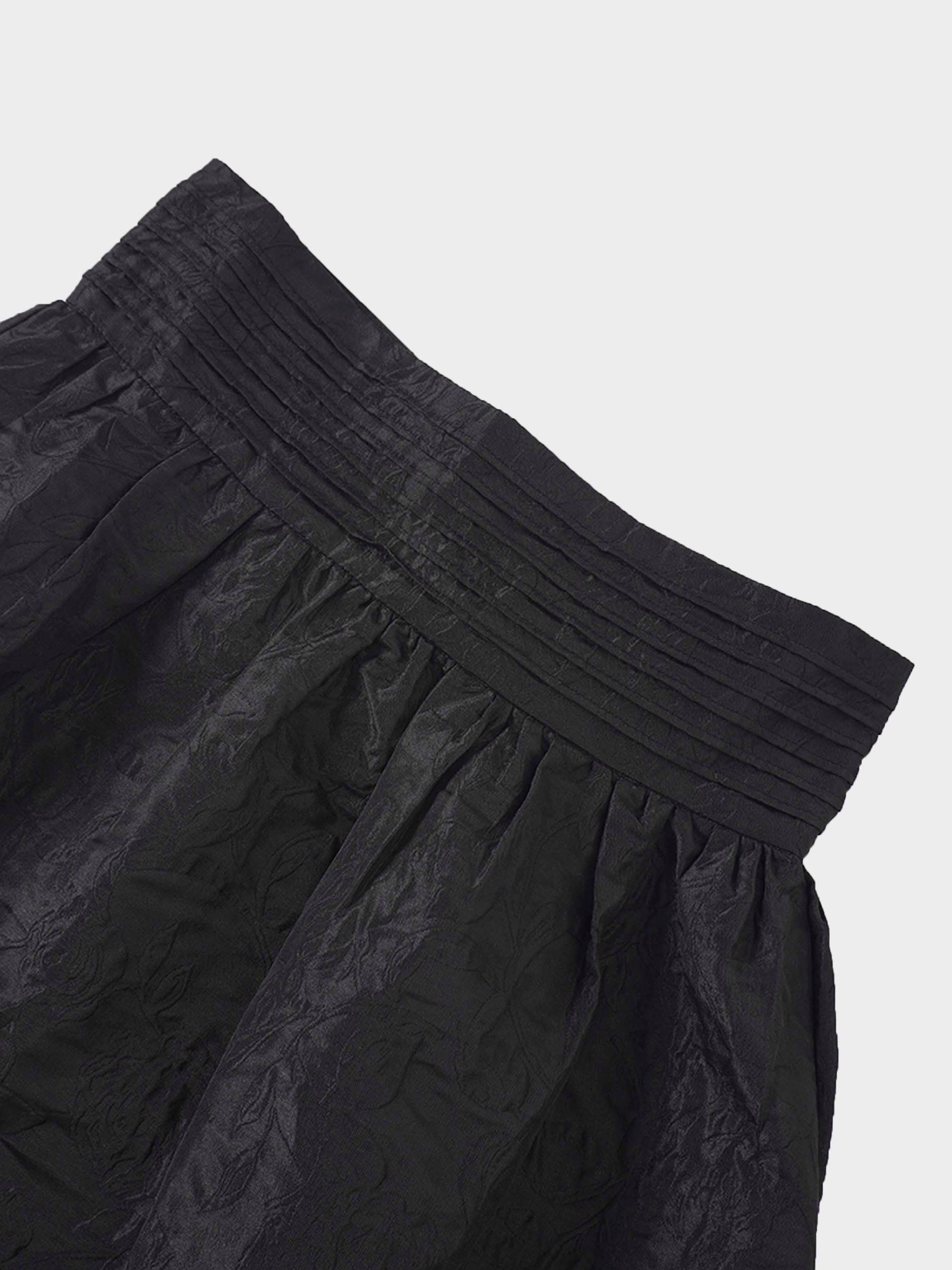 Pleated Waistband Brocade Full Skirt-Black-3