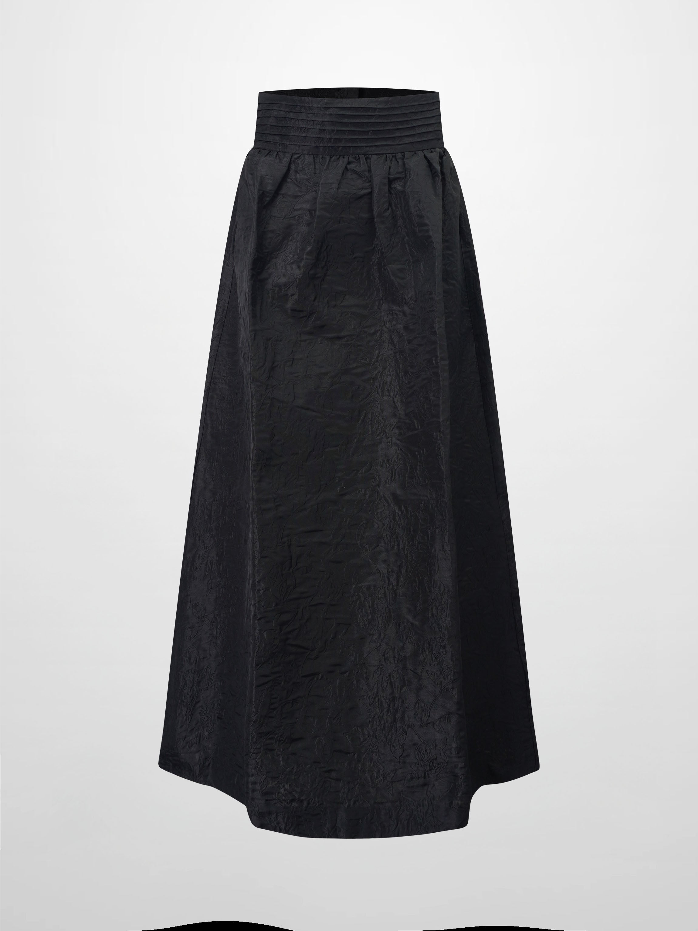 Pleated Waistband Brocade Full Skirt-Black-1