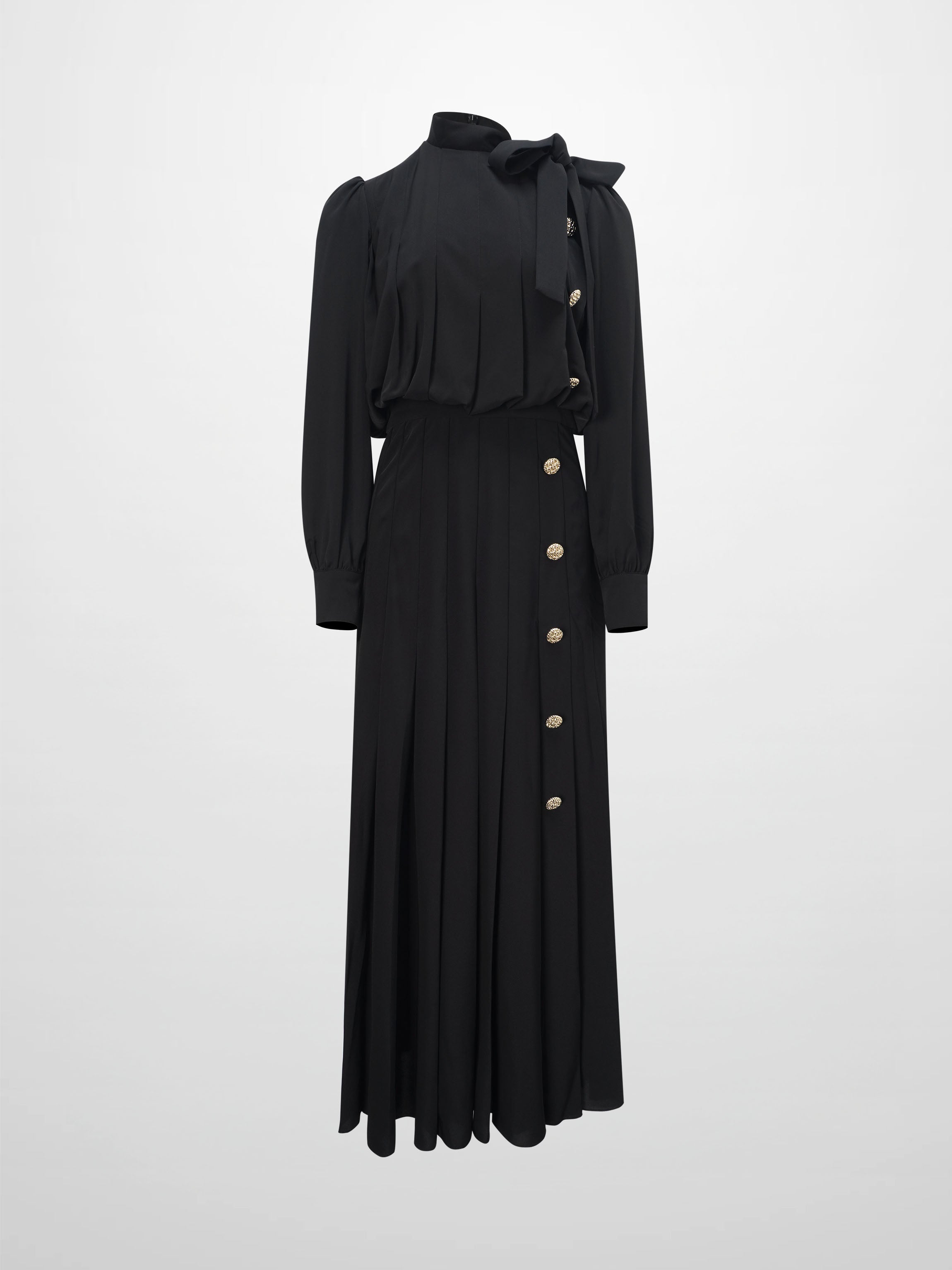 Side Button Pleat Dress-Black-1