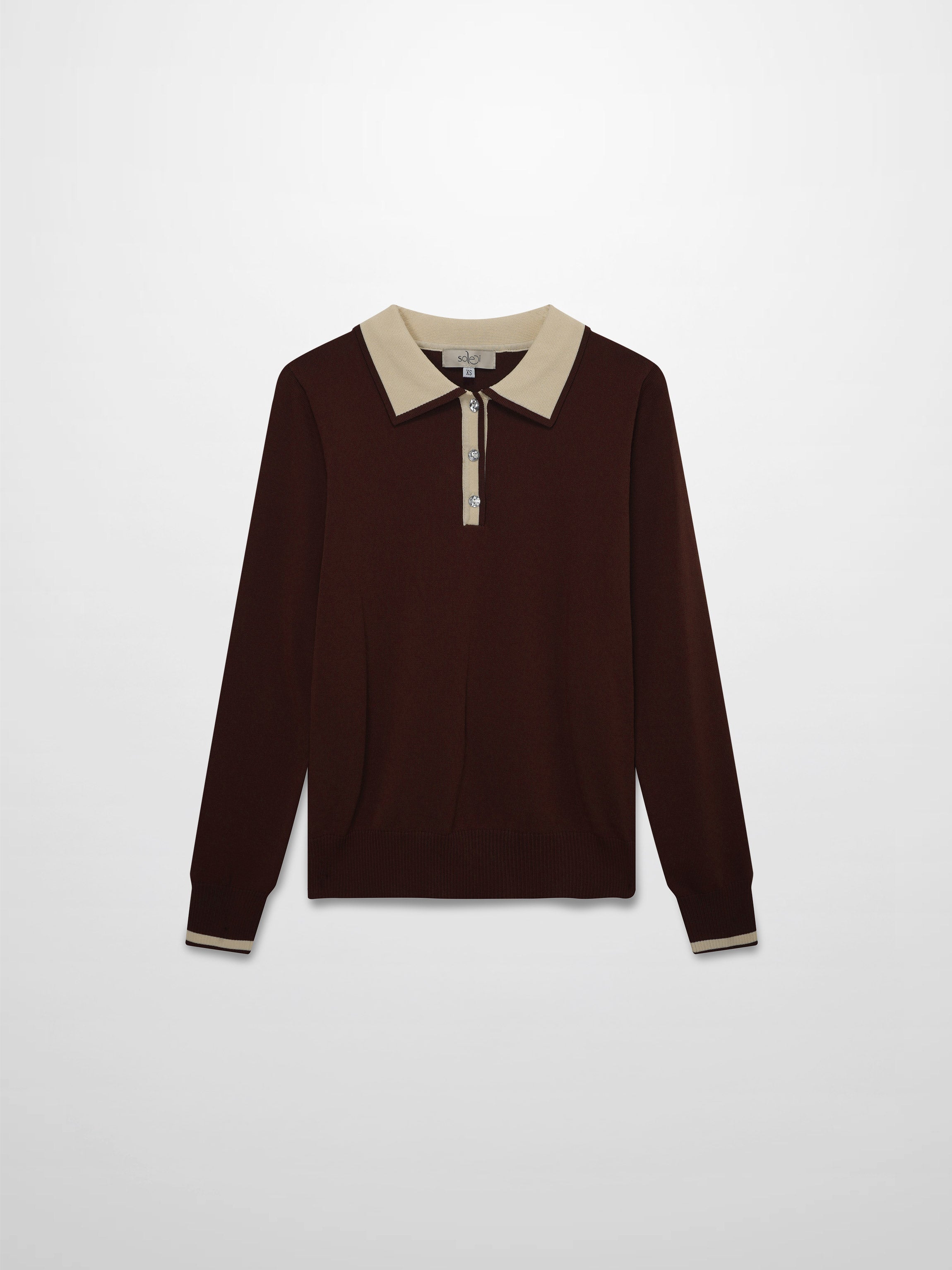 Jewel Button Collar Sweater-Brown/Tan-1