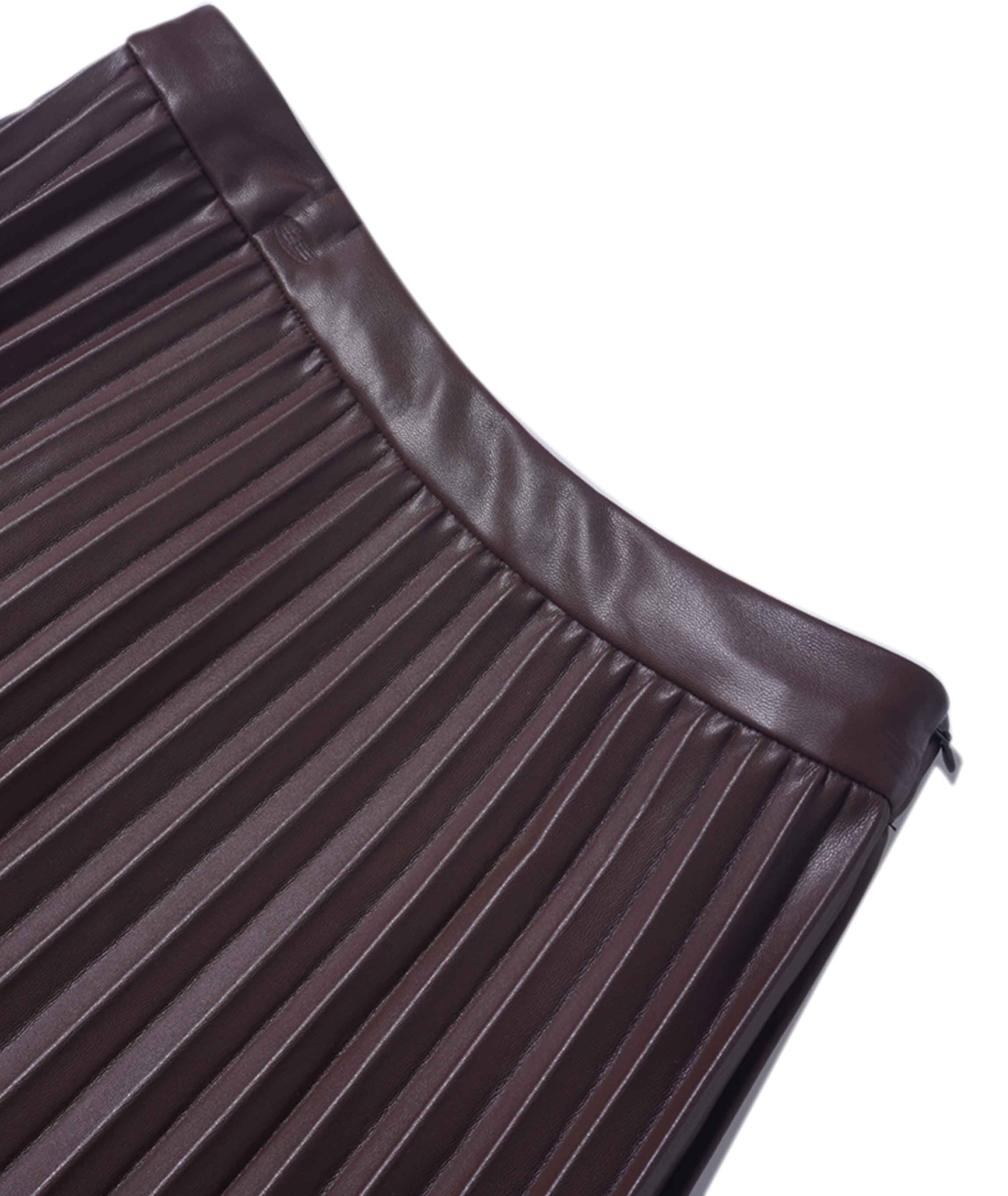 Accordion Pleated Faux Leather Skirt-Brown-2