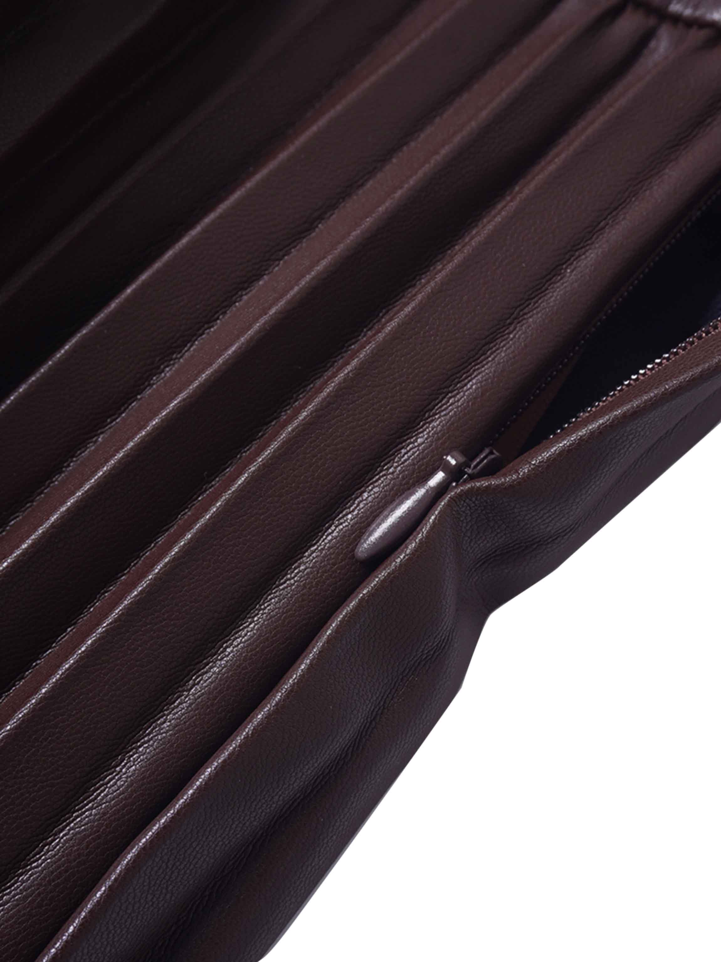 Accordion Pleated Faux Leather Skirt-Brown-3