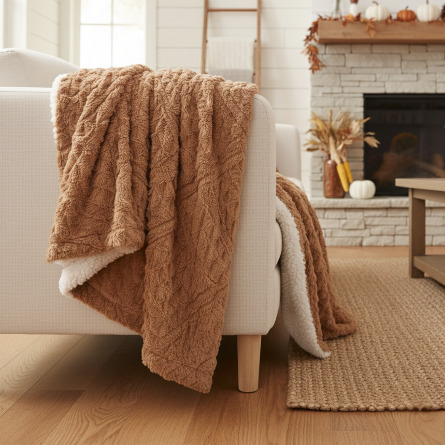 Tache Caramel Brown Faux Fur Throw Blanket Chevron Geometric Embossed (#10)-0