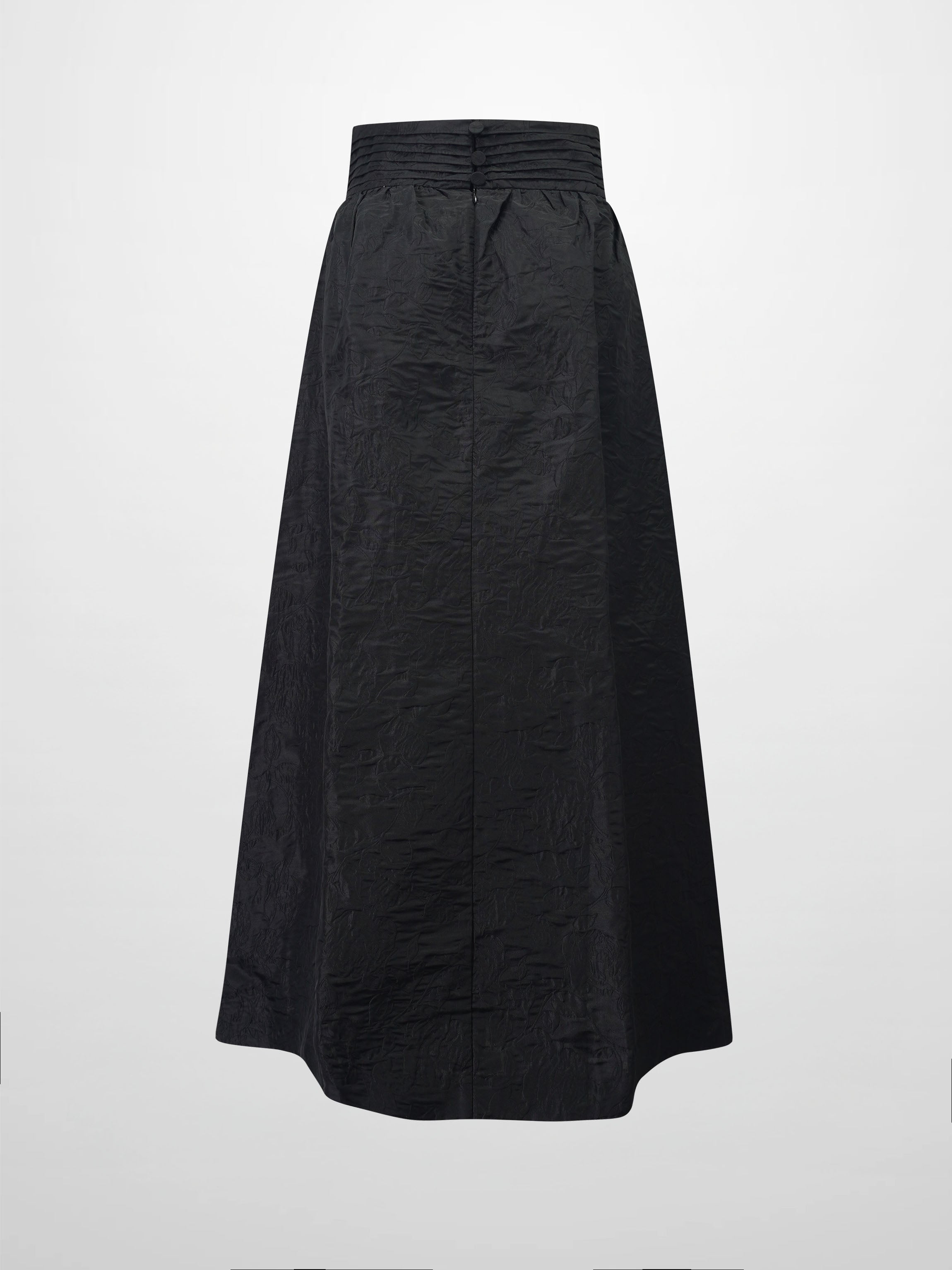 Pleated Waistband Brocade Full Skirt-Black-2