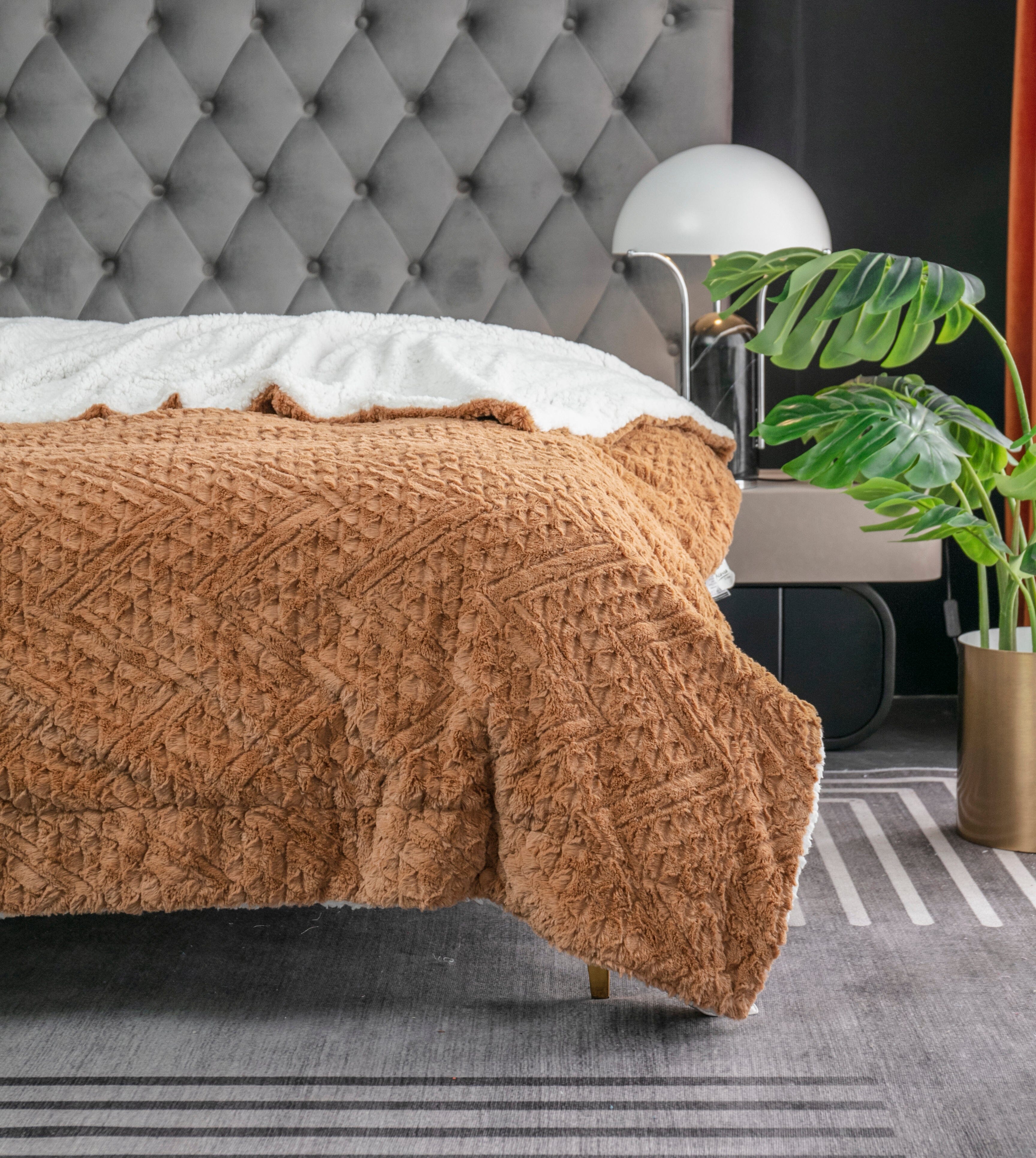 Tache Caramel Brown Faux Fur Throw Blanket Chevron Geometric Embossed (#10)-5