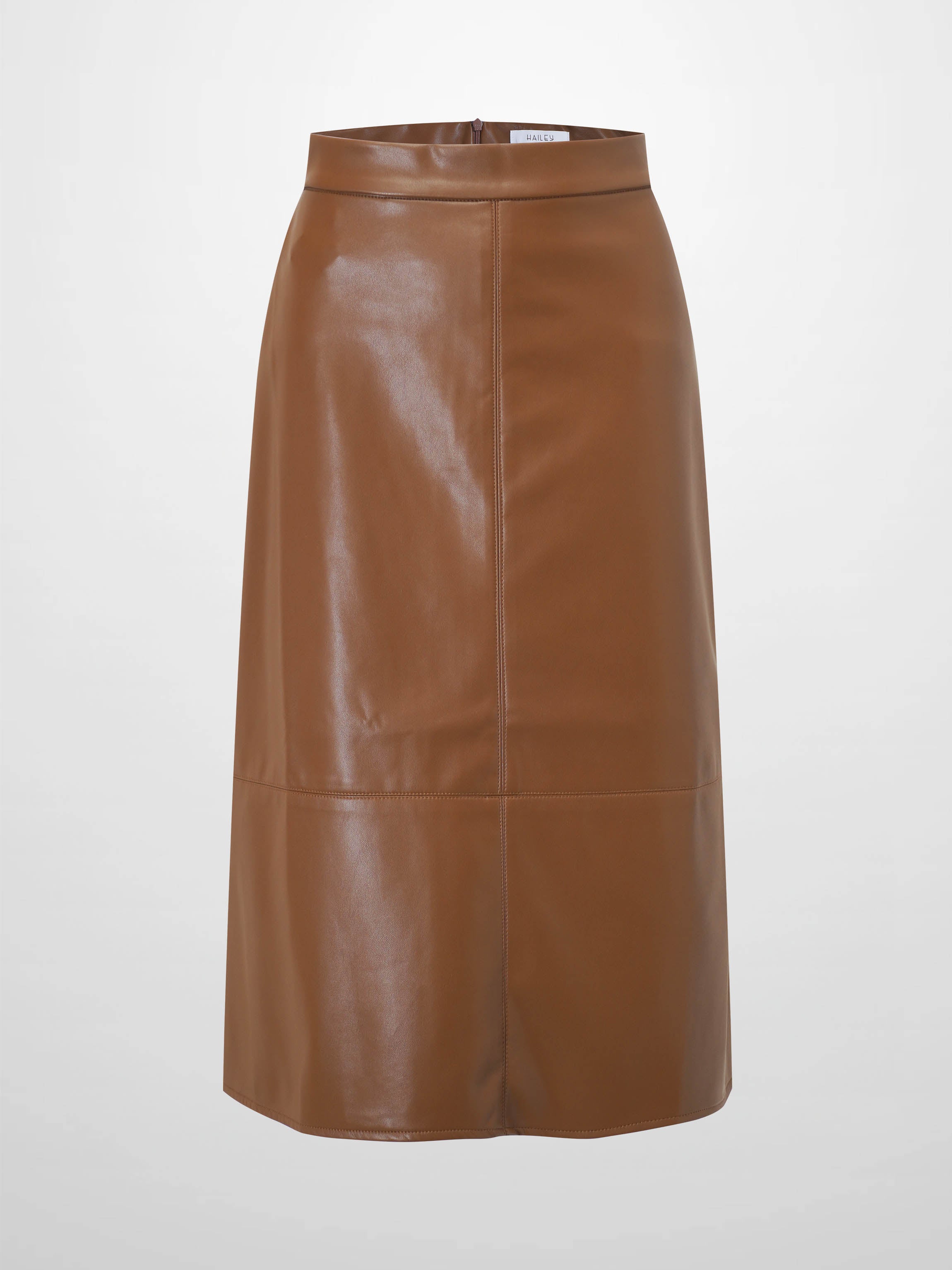 Short A-Line Seamed Faux Leather Skirt-Brown-1