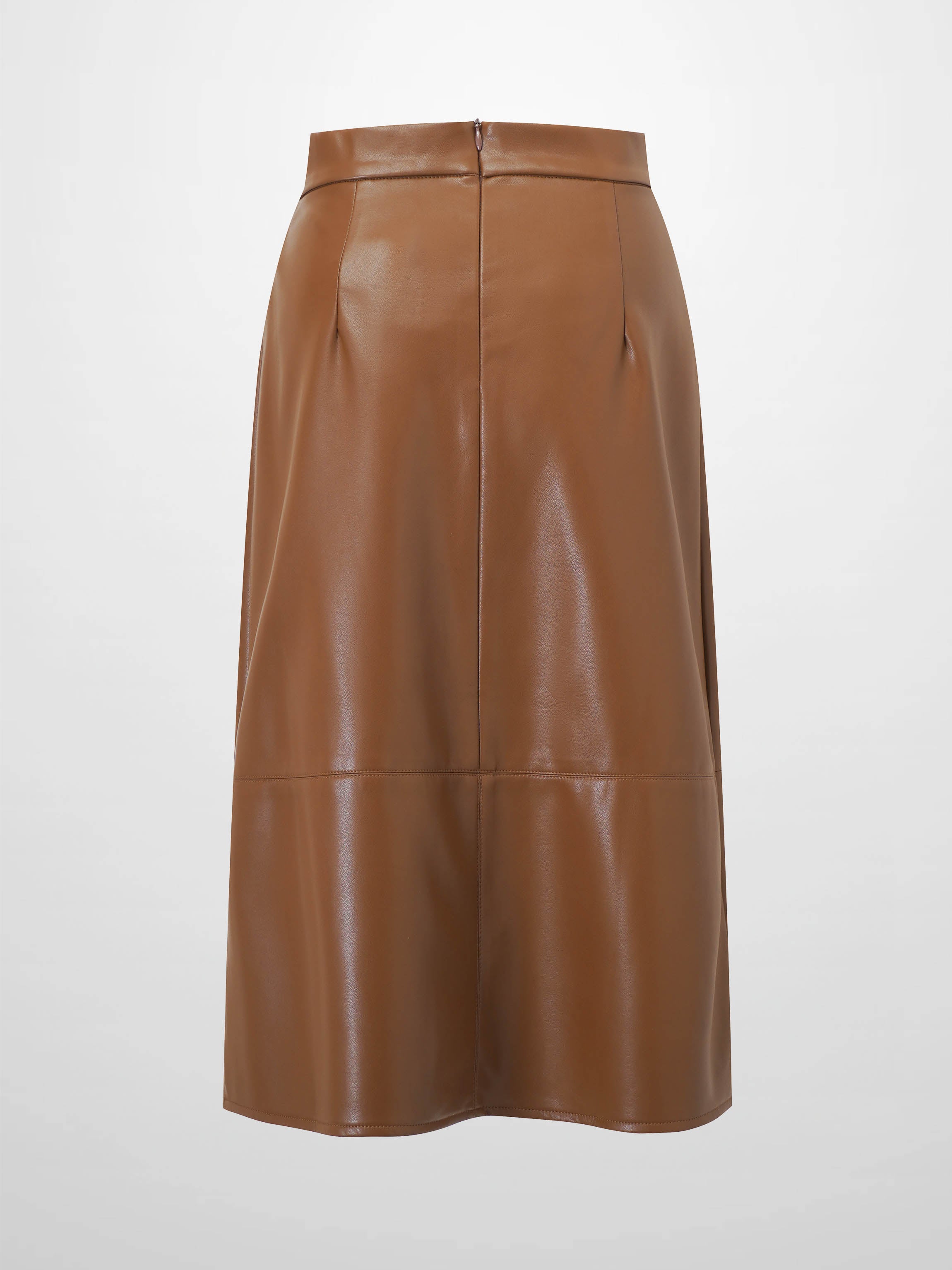 Short A-Line Seamed Faux Leather Skirt-Brown-2