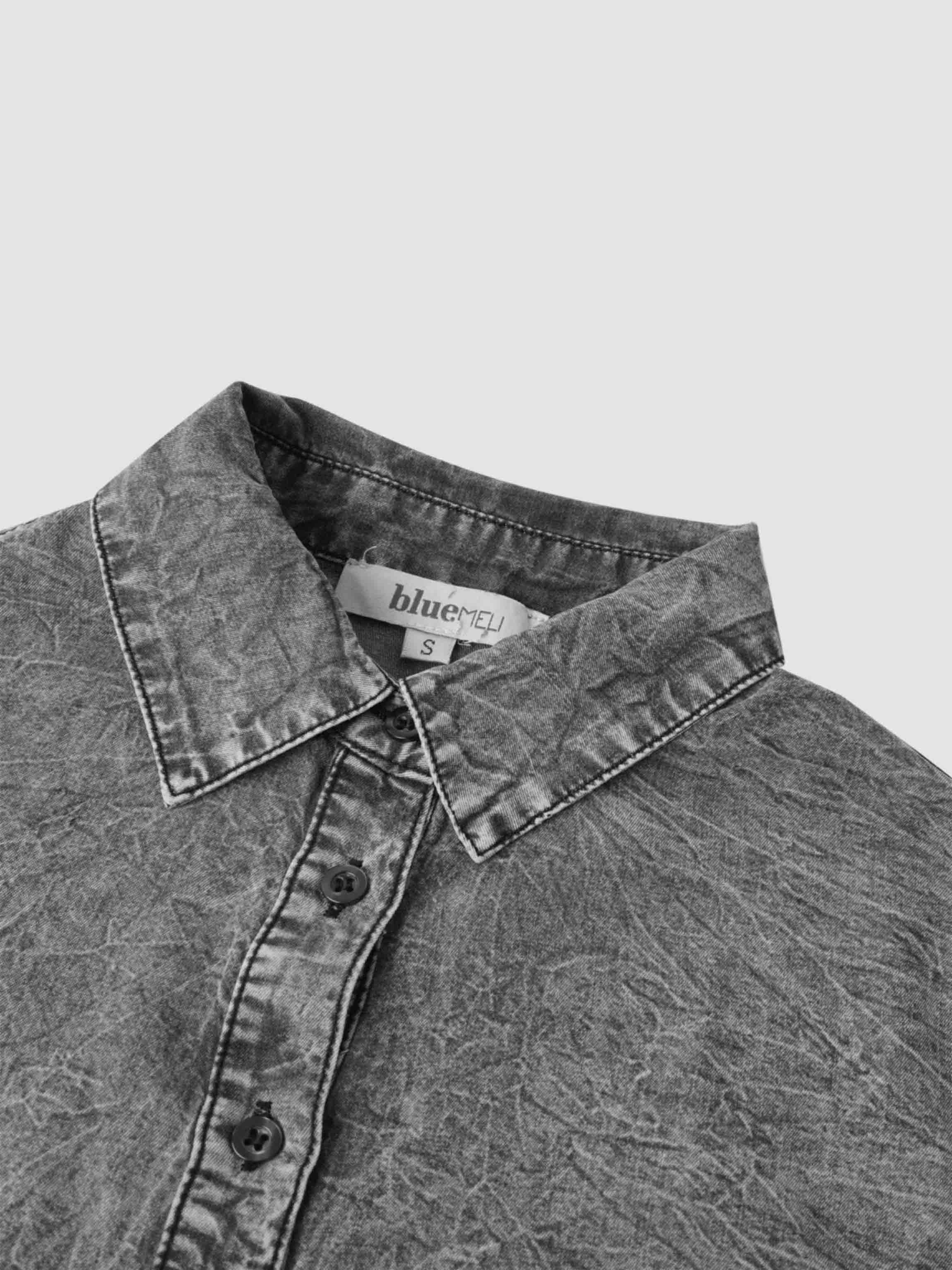 Crop Denim Shirt-Black-3