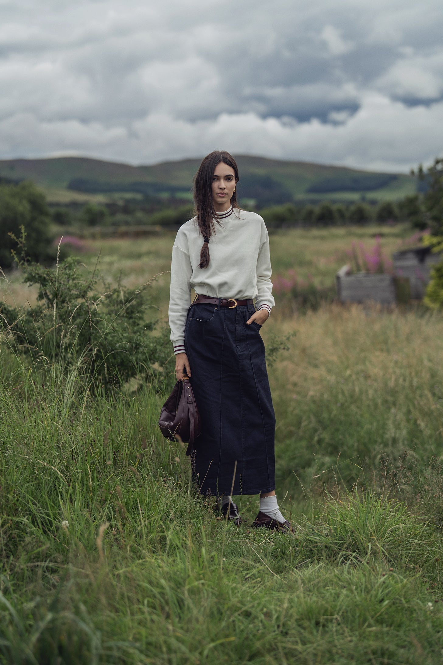 Denim Seamed Skirt-Dark Blue-0