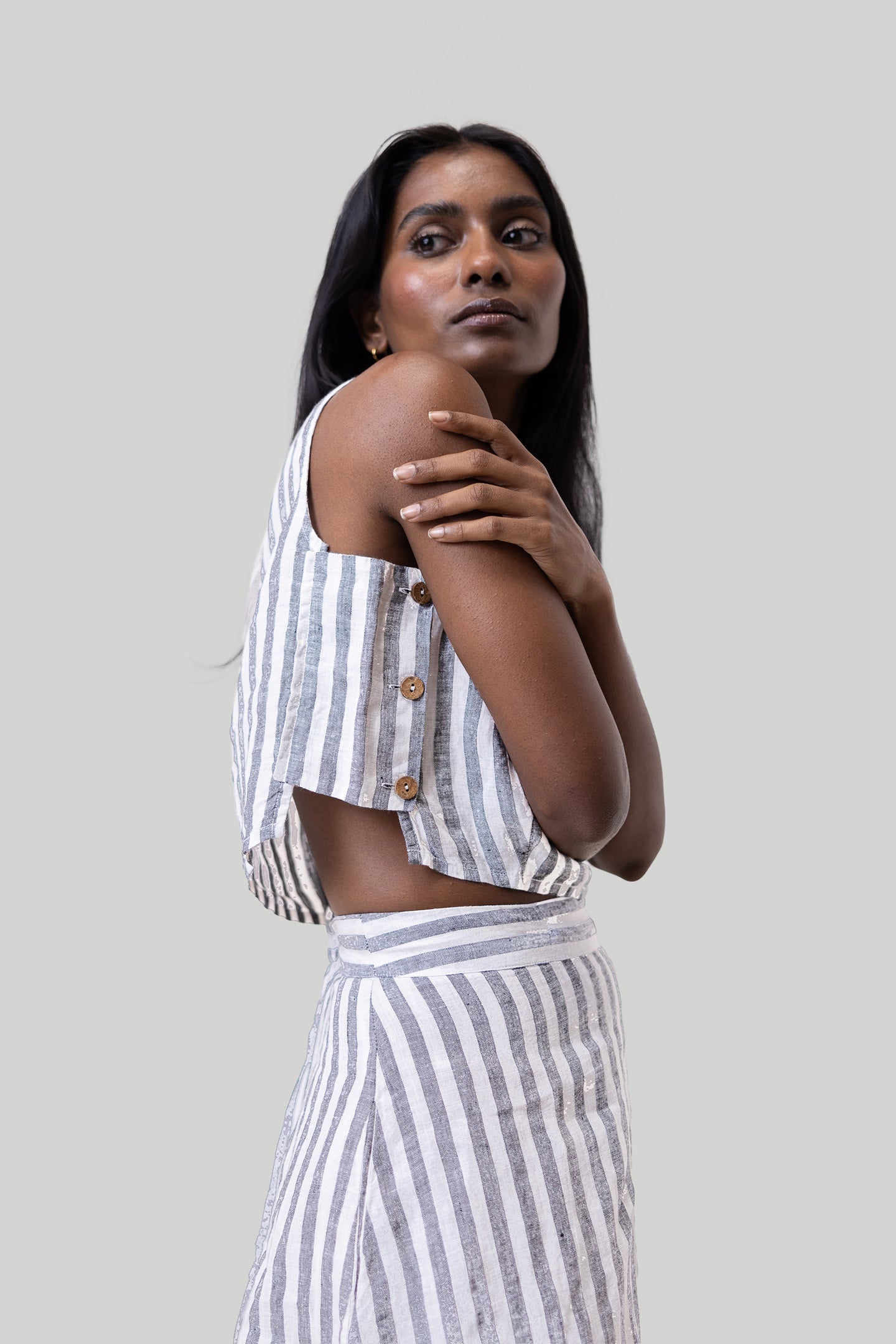 Boxy Crop Top in Linen Stripes-3