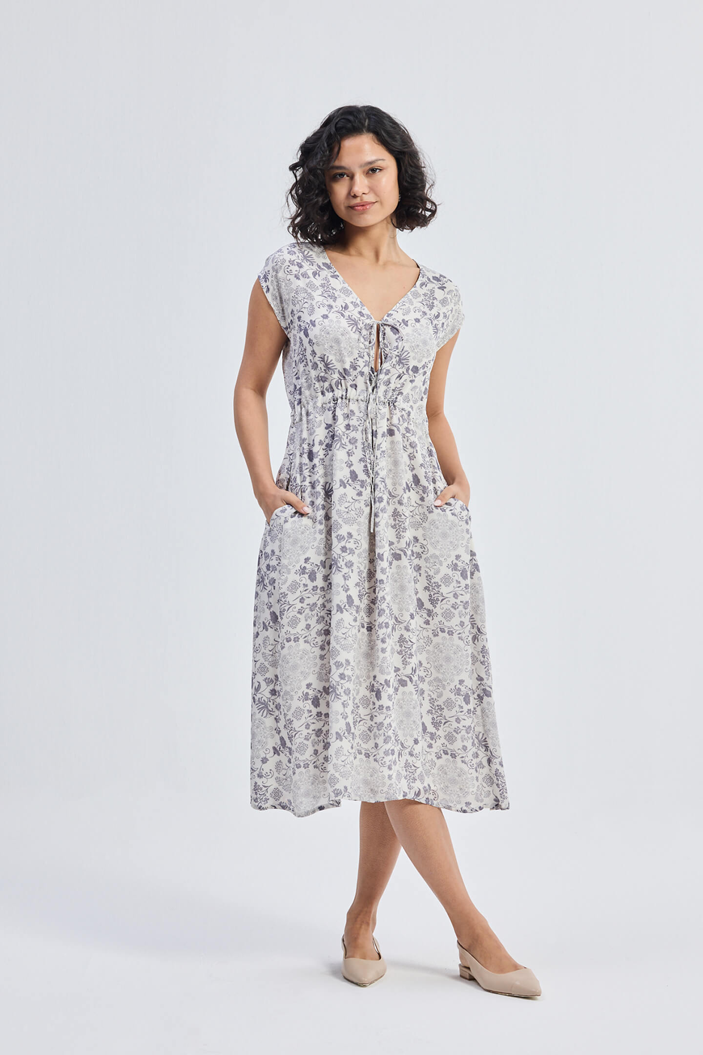 Deep V-neck Gathered Dress in Florals-0