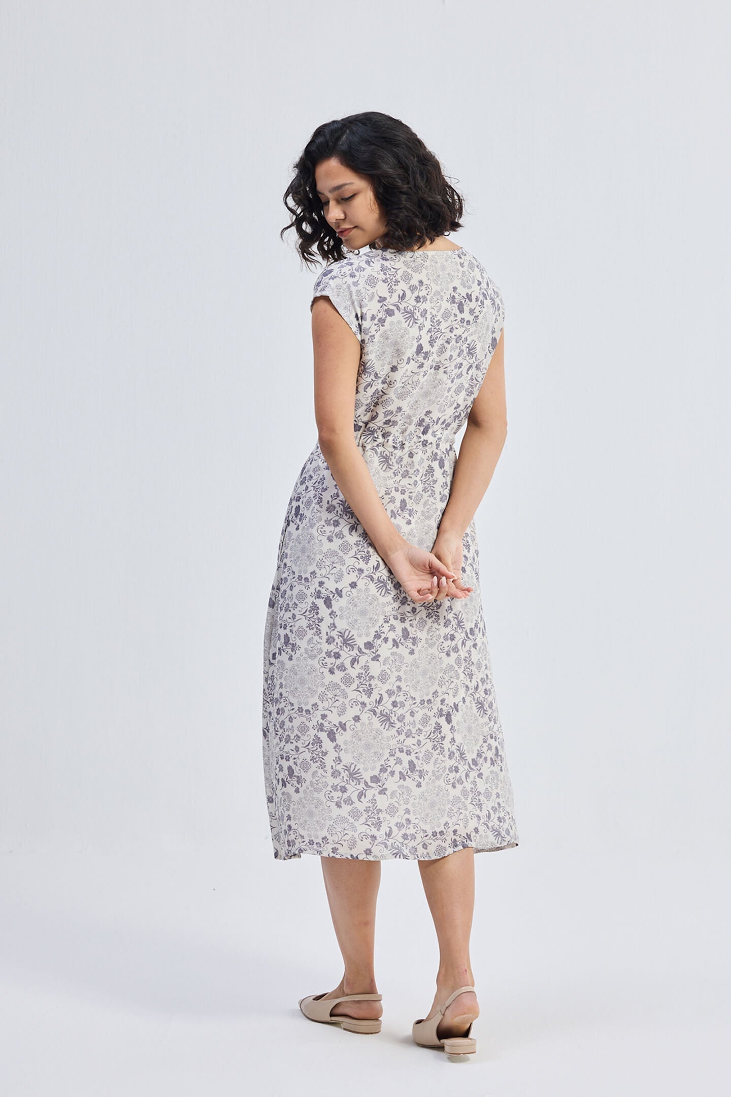 Deep V-neck Gathered Dress in Florals-1