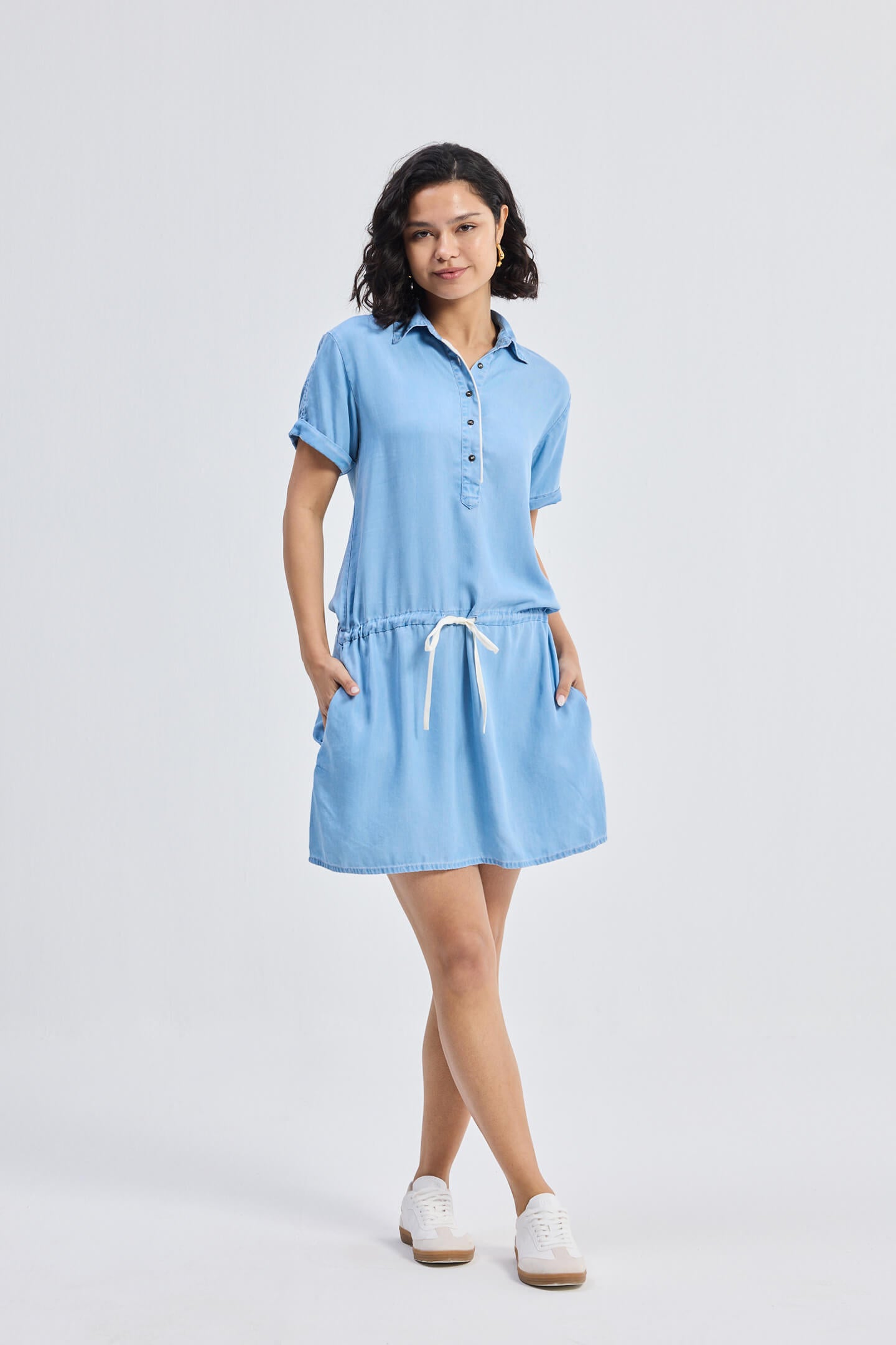 Drawstring Denim Shirt Dress with Front Buttons in Blue-0