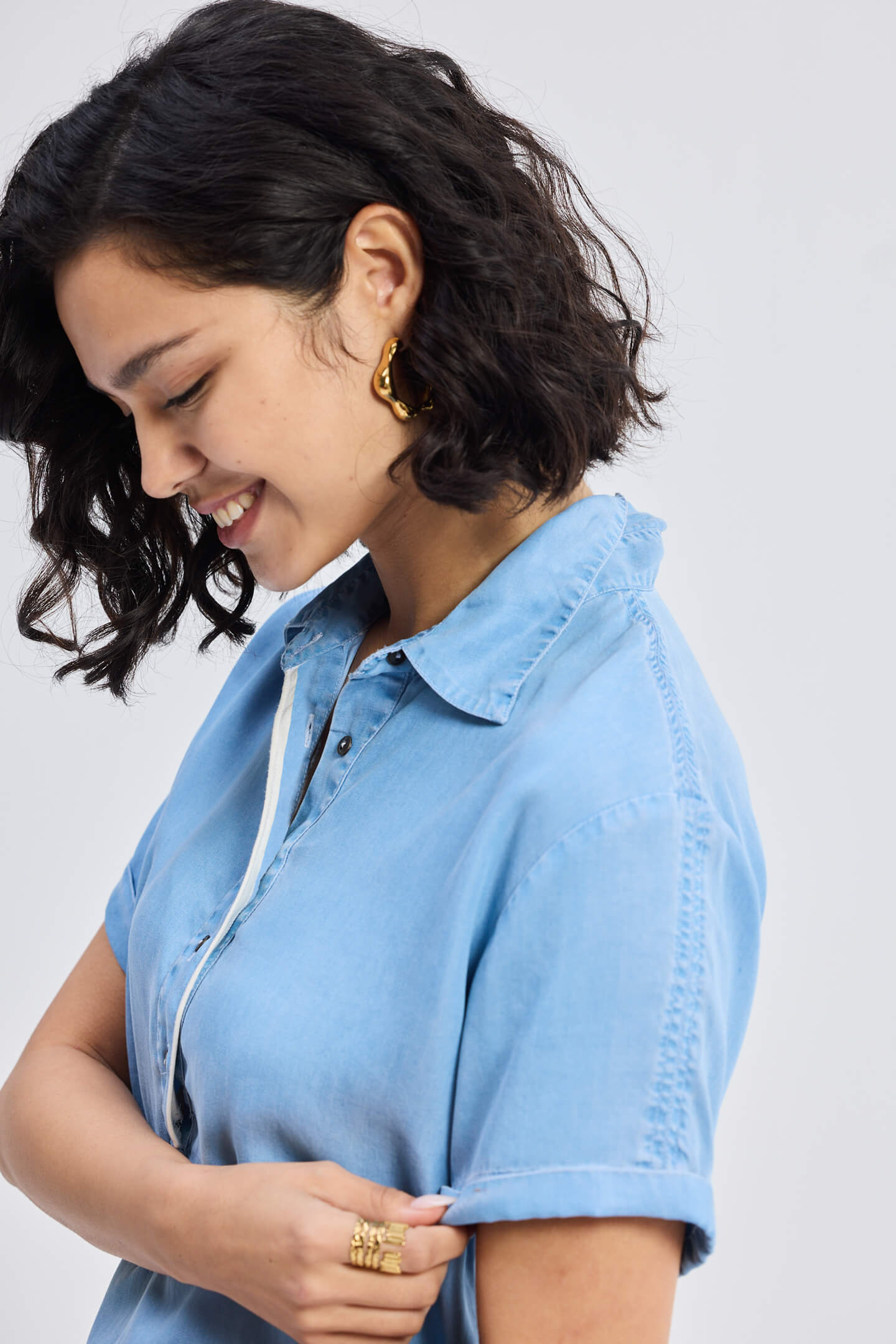 Drawstring Denim Shirt Dress with Front Buttons in Blue-3