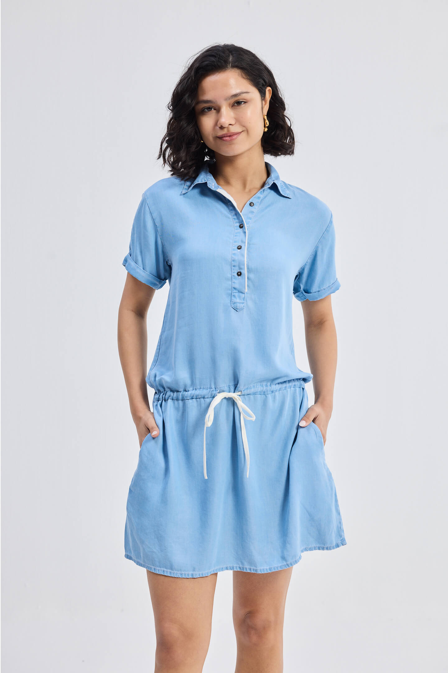 Drawstring Denim Shirt Dress with Front Buttons in Blue-4