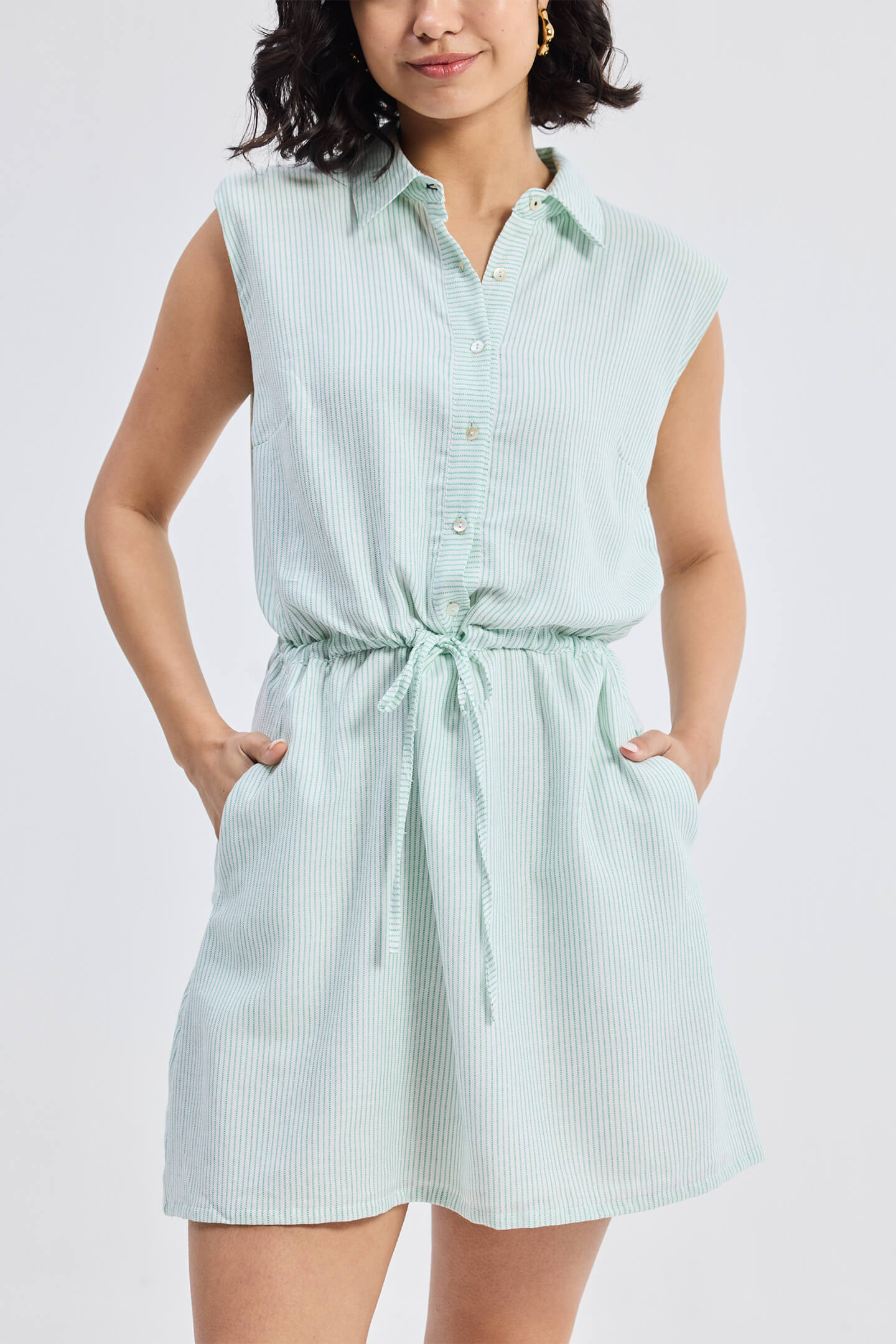 Drawstring Shirt Dress in Stripes-2