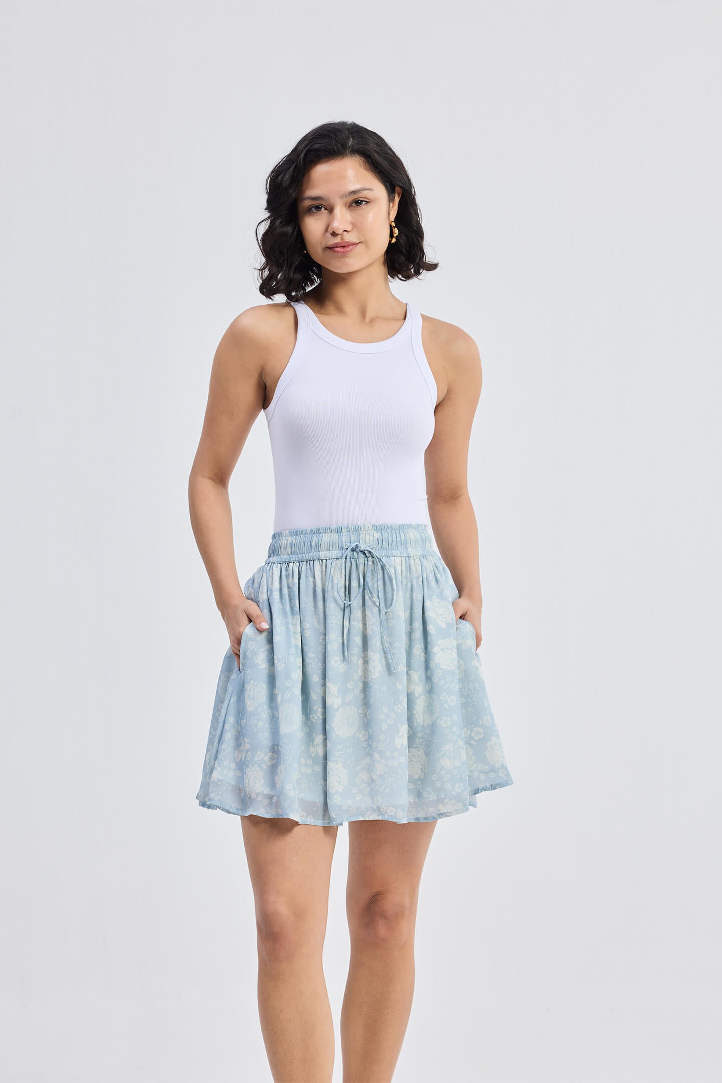 Drawstring Short Skirt in Blue Florals-0