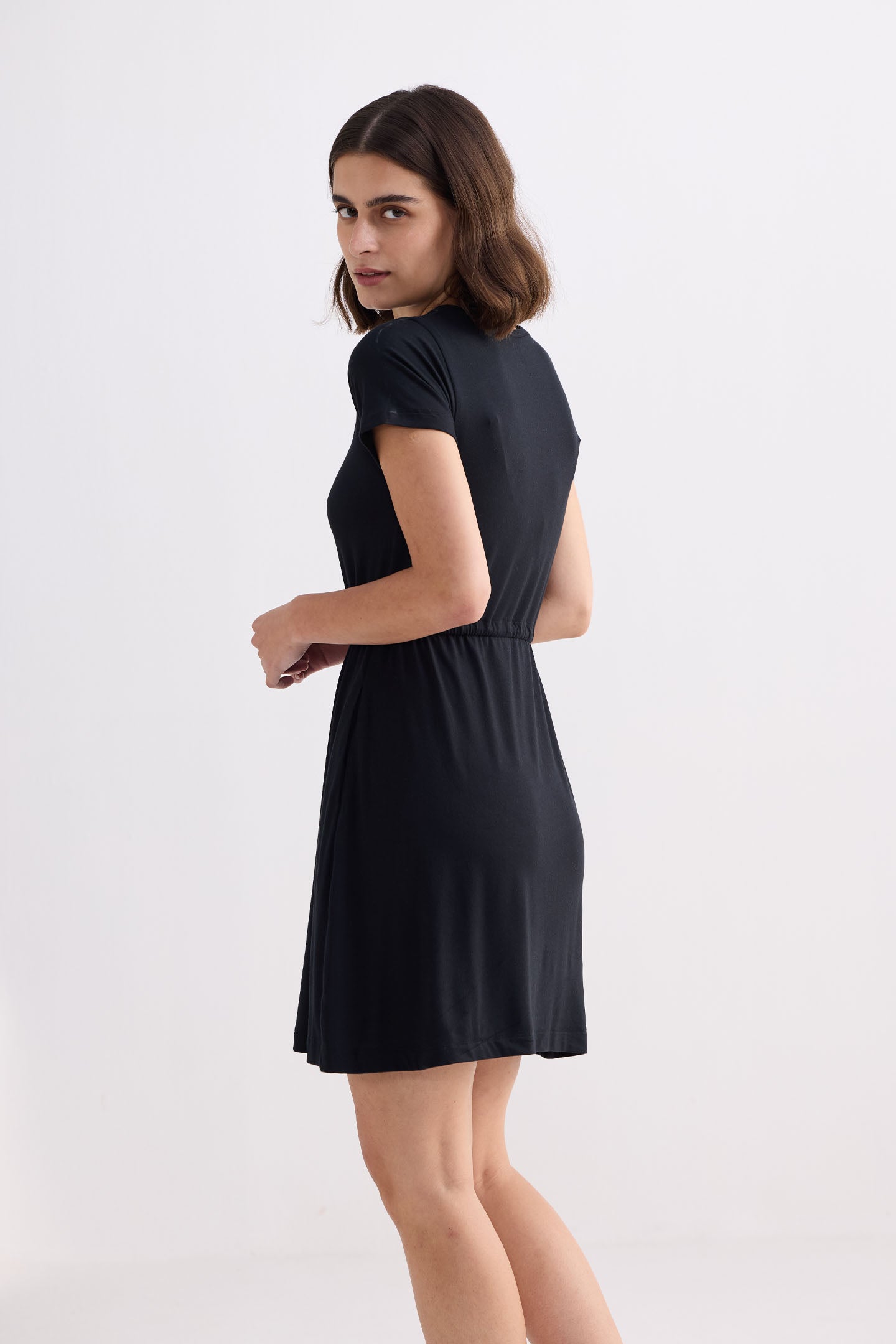 Drawstring Short T-shirt Dress in Black-1
