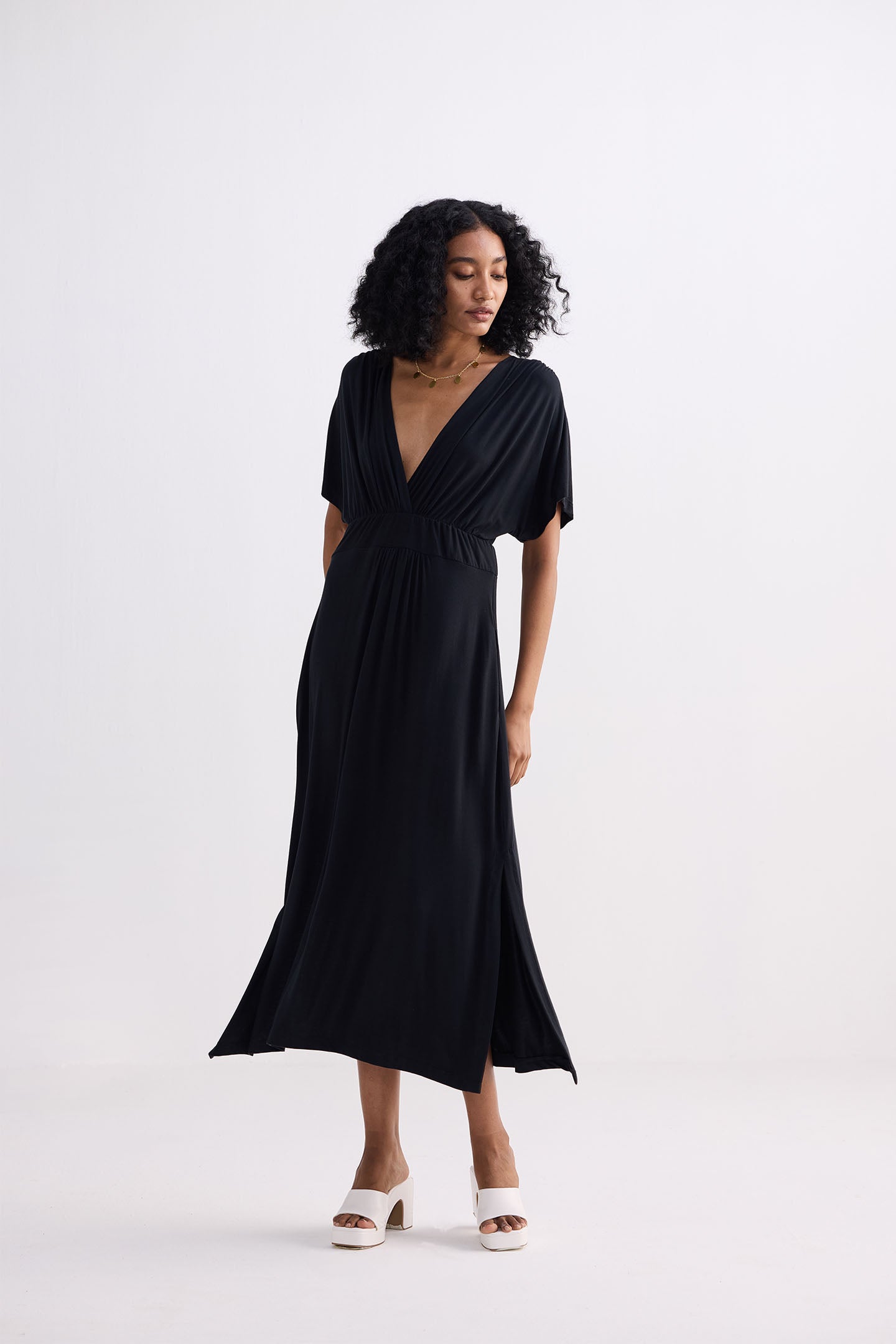 Flowy A-Line Maxi Dress with Side Slits in Black-0
