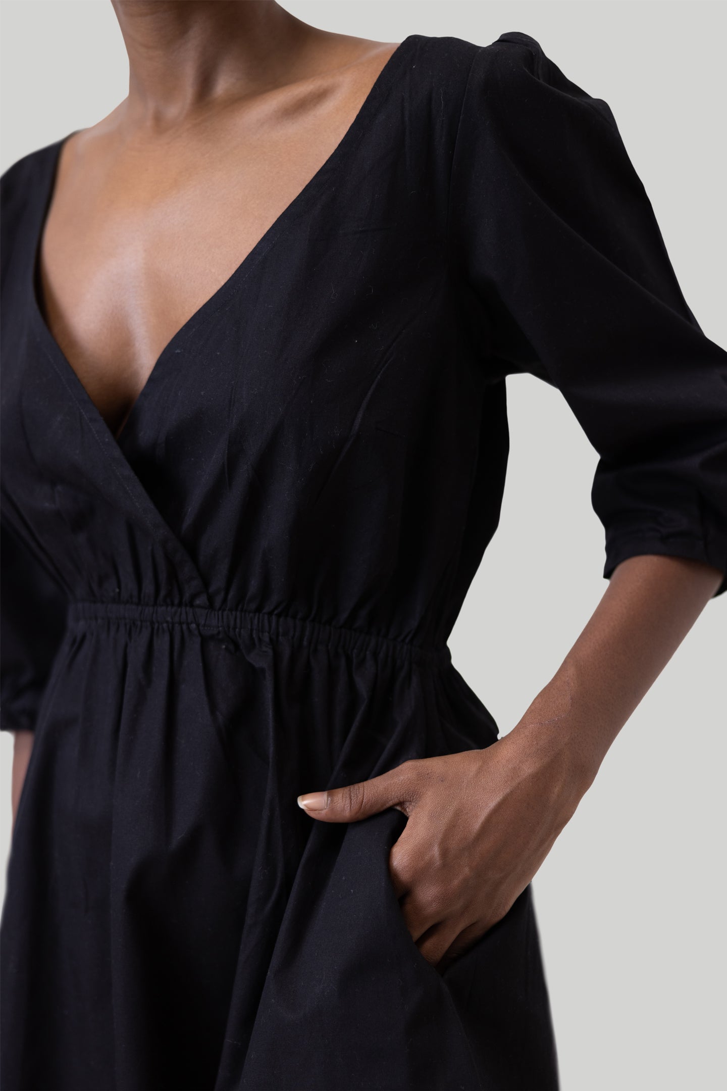 Gathered Elbow Sleeve Short Dress in Black-2