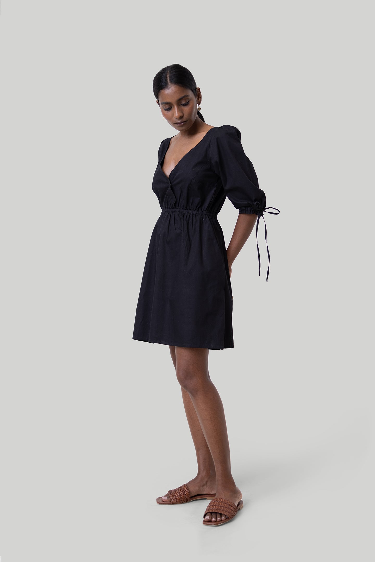 Gathered Elbow Sleeve Short Dress in Black-0