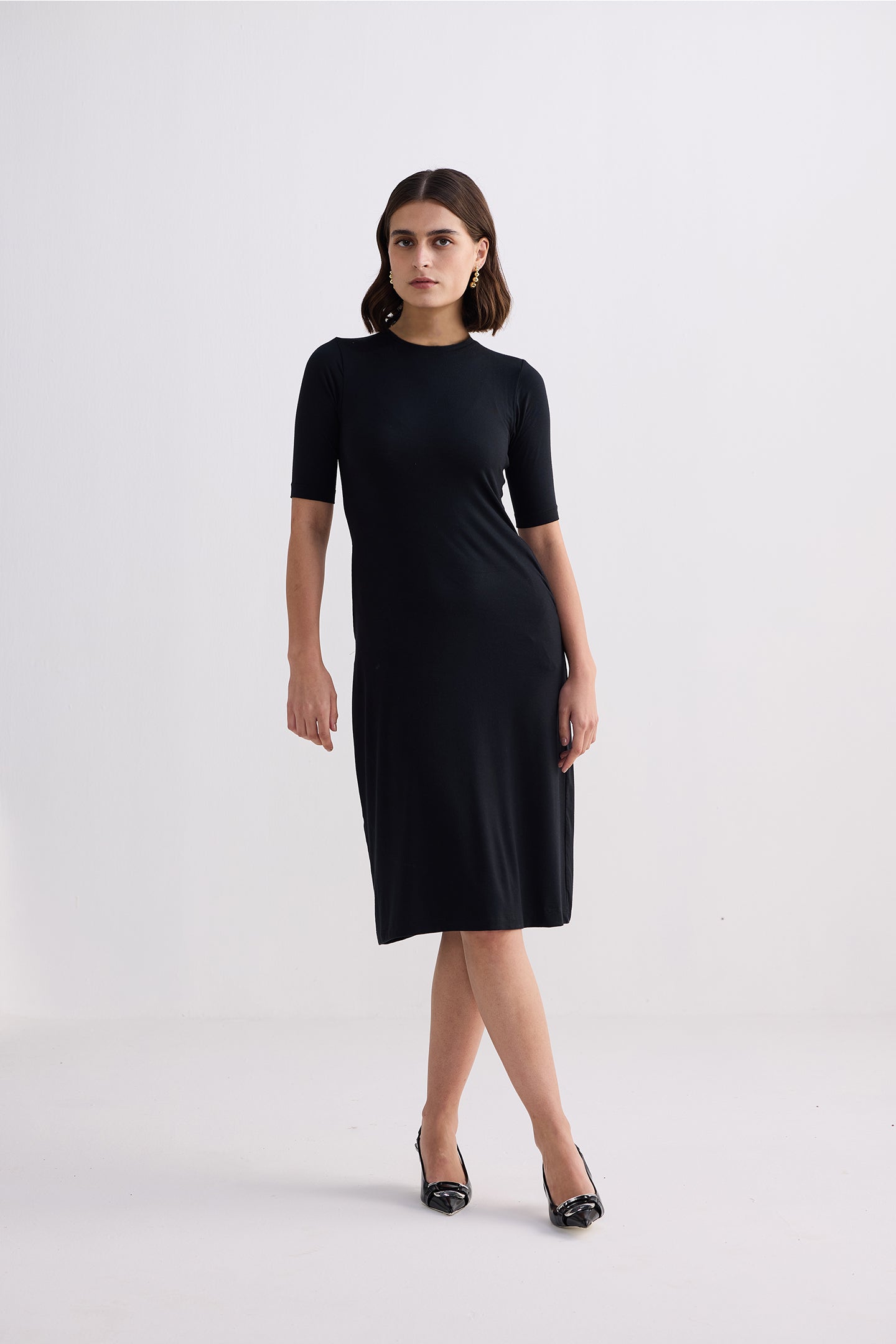 High Crew Neck Elbow Sleeves Fitted Dress in Black-0
