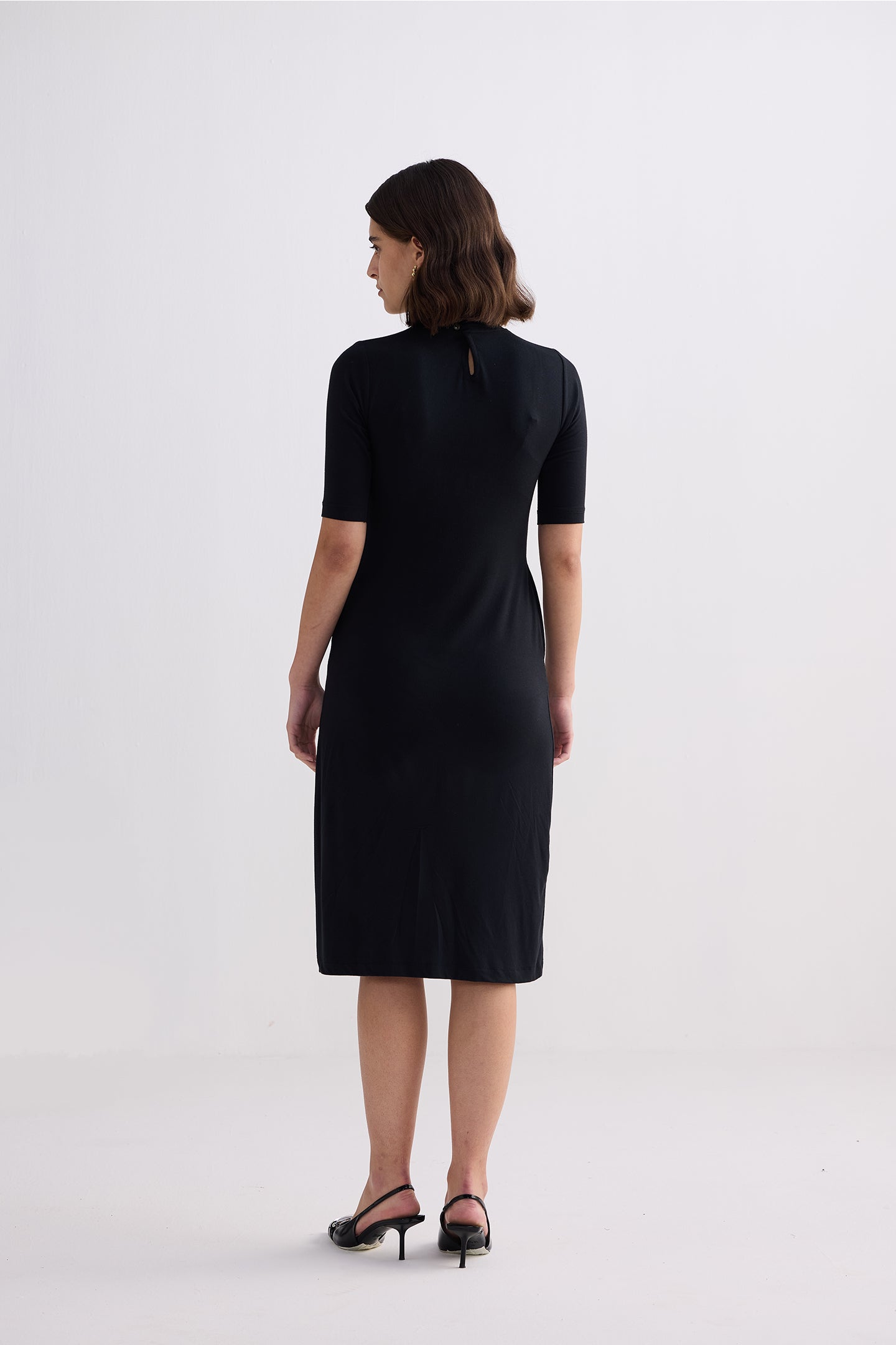 High Crew Neck Elbow Sleeves Fitted Dress in Black-1