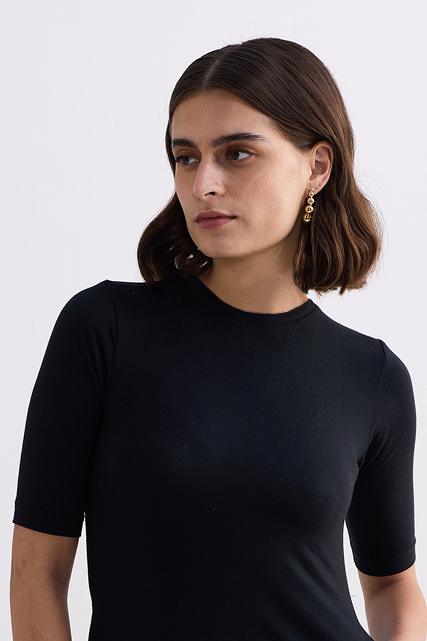 High Crew Neck Elbow Sleeves Fitted Dress in Black-2