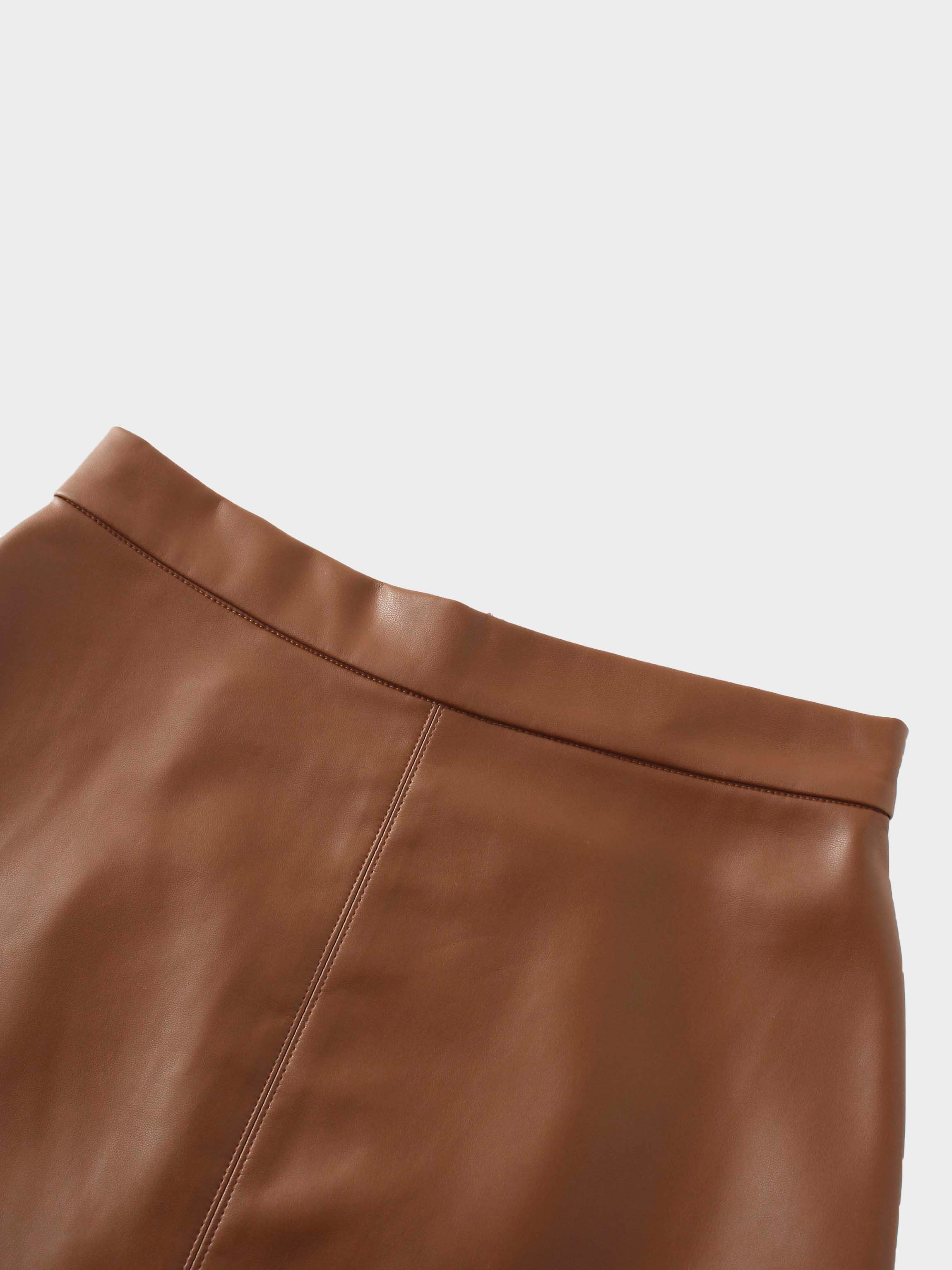 Short A-Line Seamed Faux Leather Skirt-Brown-3