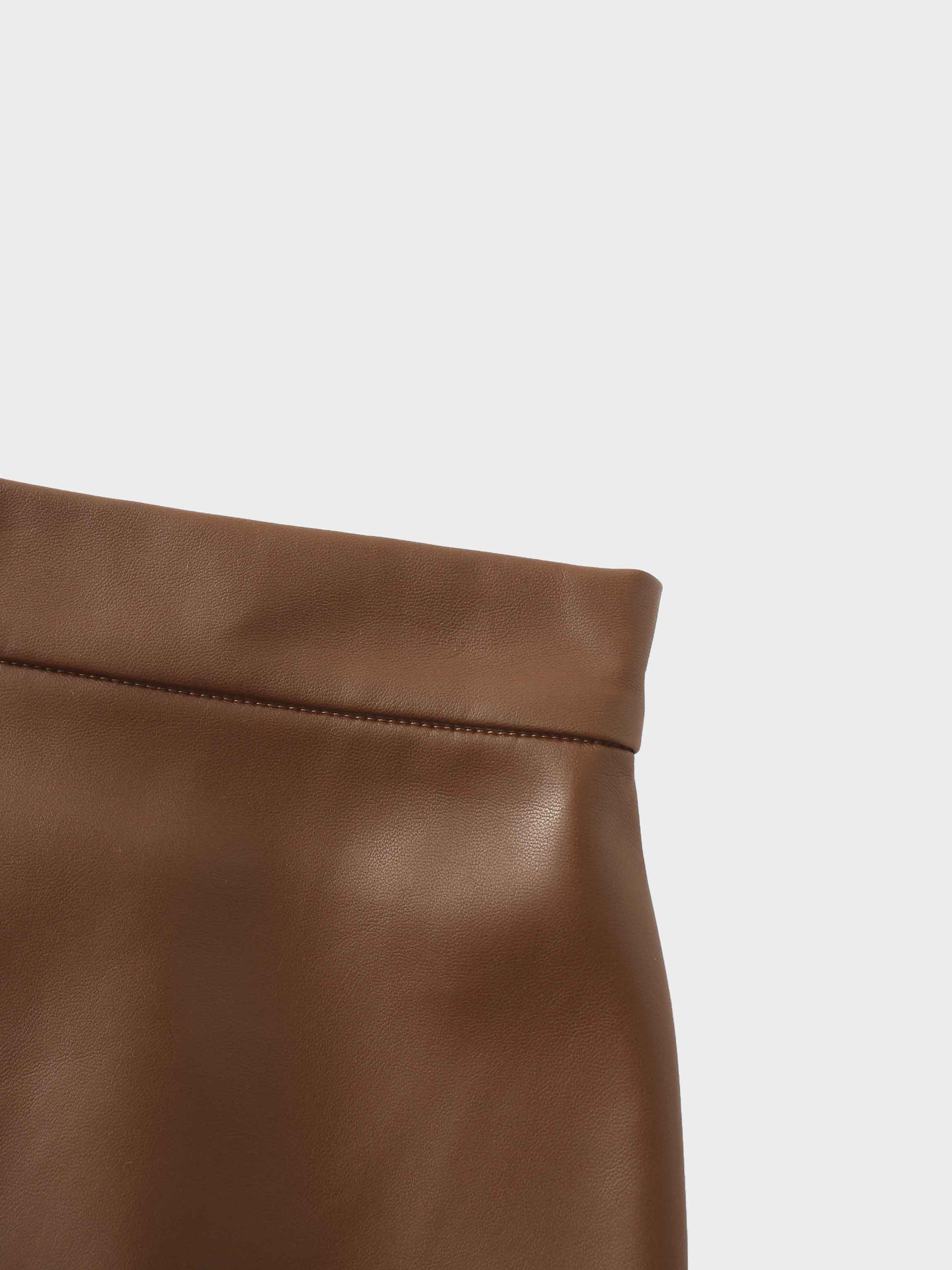 Short A-Line Seamed Faux Leather Skirt-Brown-4