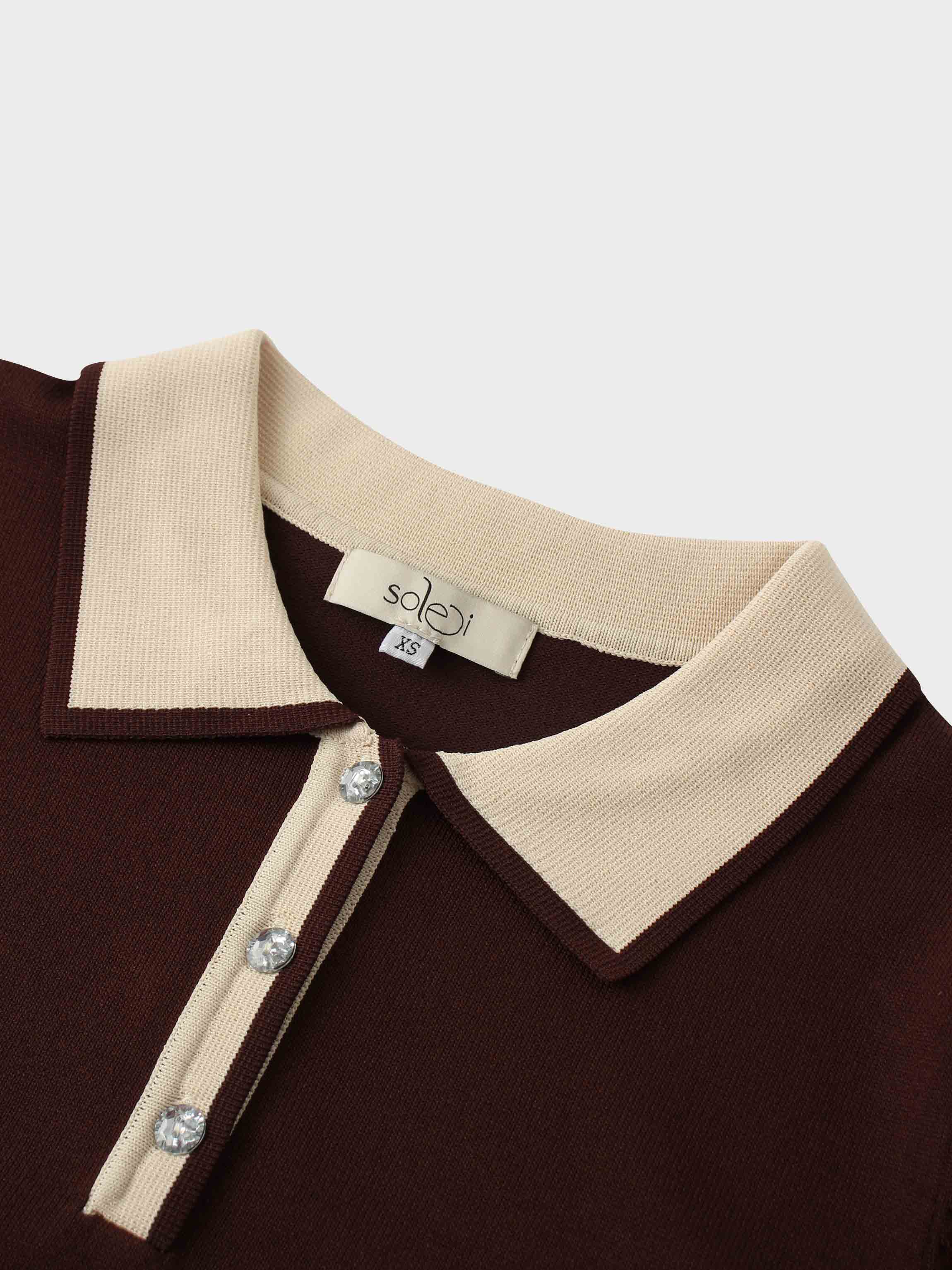 Jewel Button Collar Sweater-Brown/Tan-3