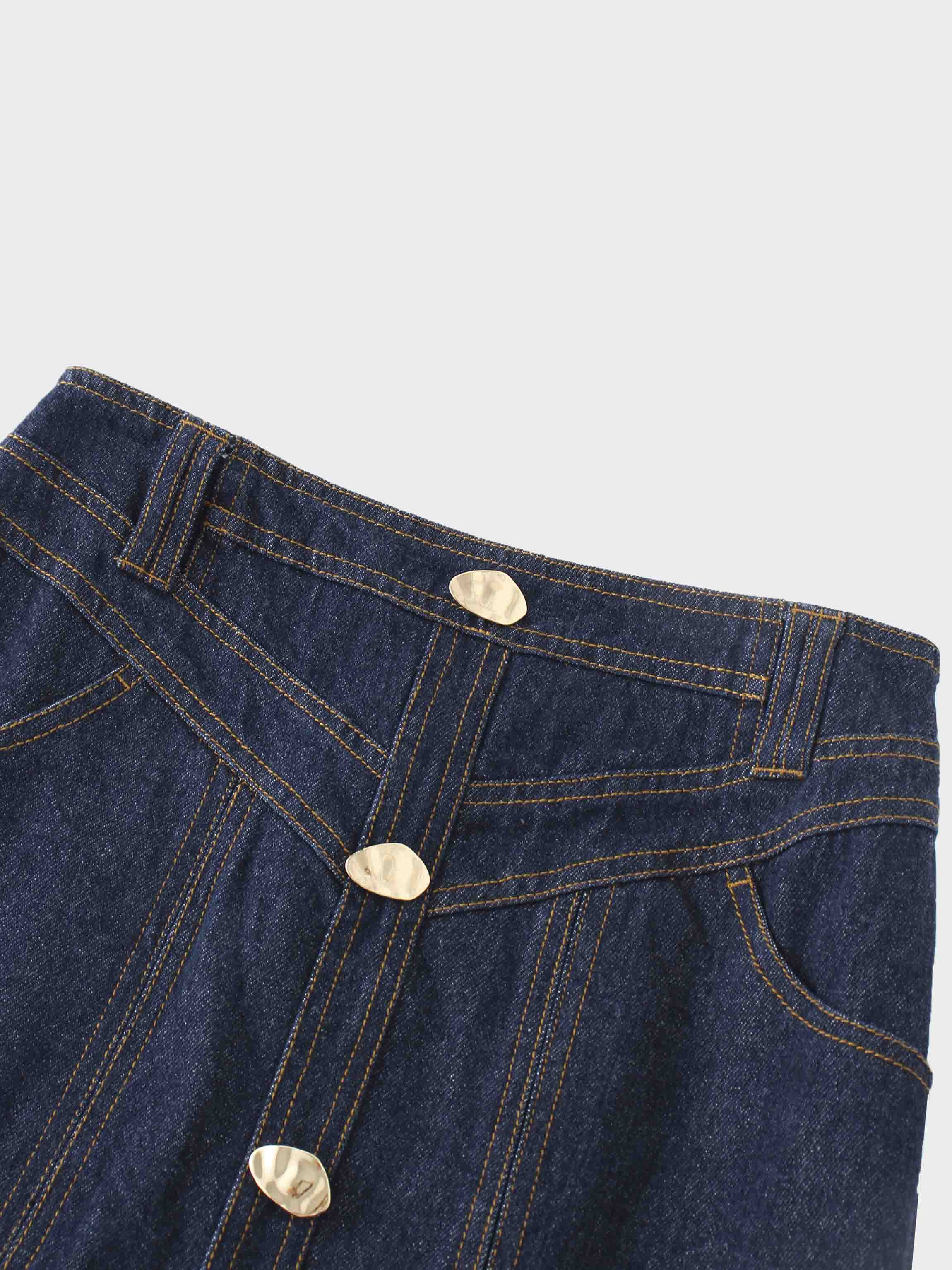 Button Design Denim Skirt-Blue-3