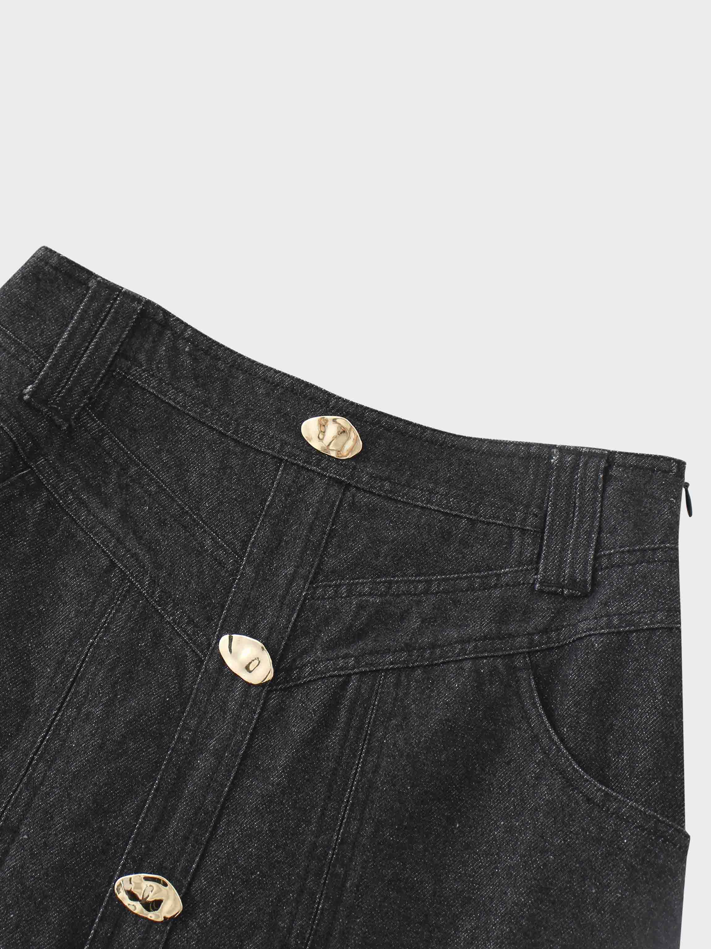 Button Design Denim Skirt-Black-3