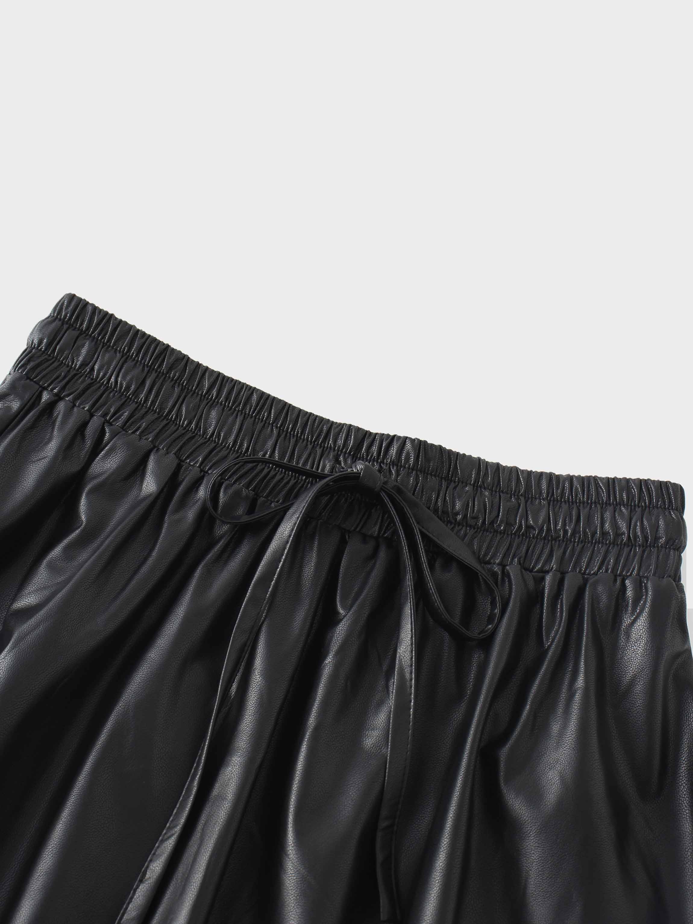 Drawstring Faux Leather Skirt-Black-3