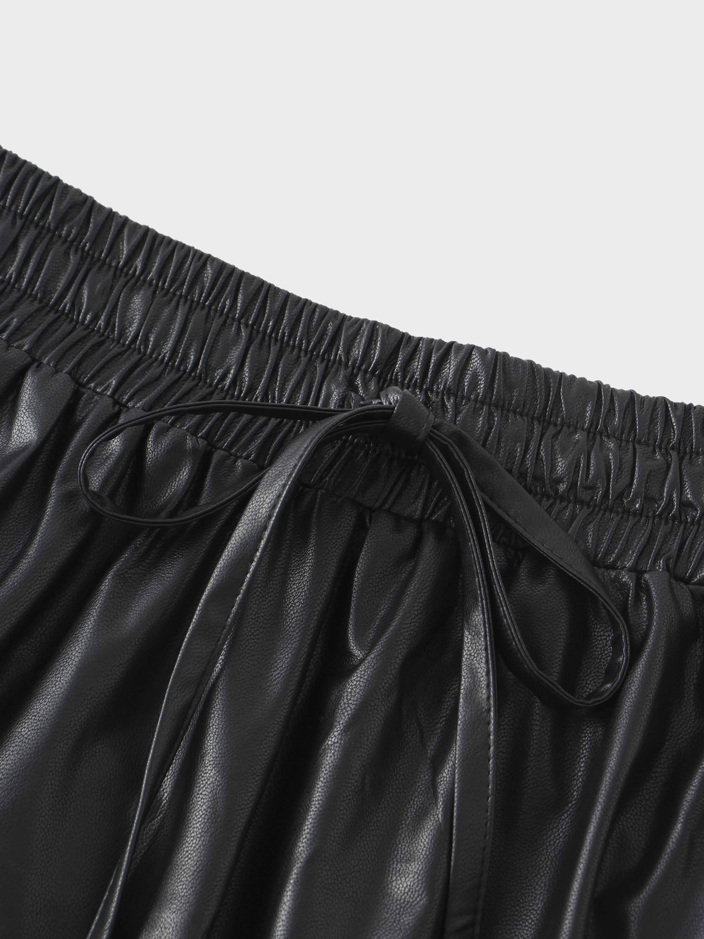 Drawstring Faux Leather Skirt-Black-4