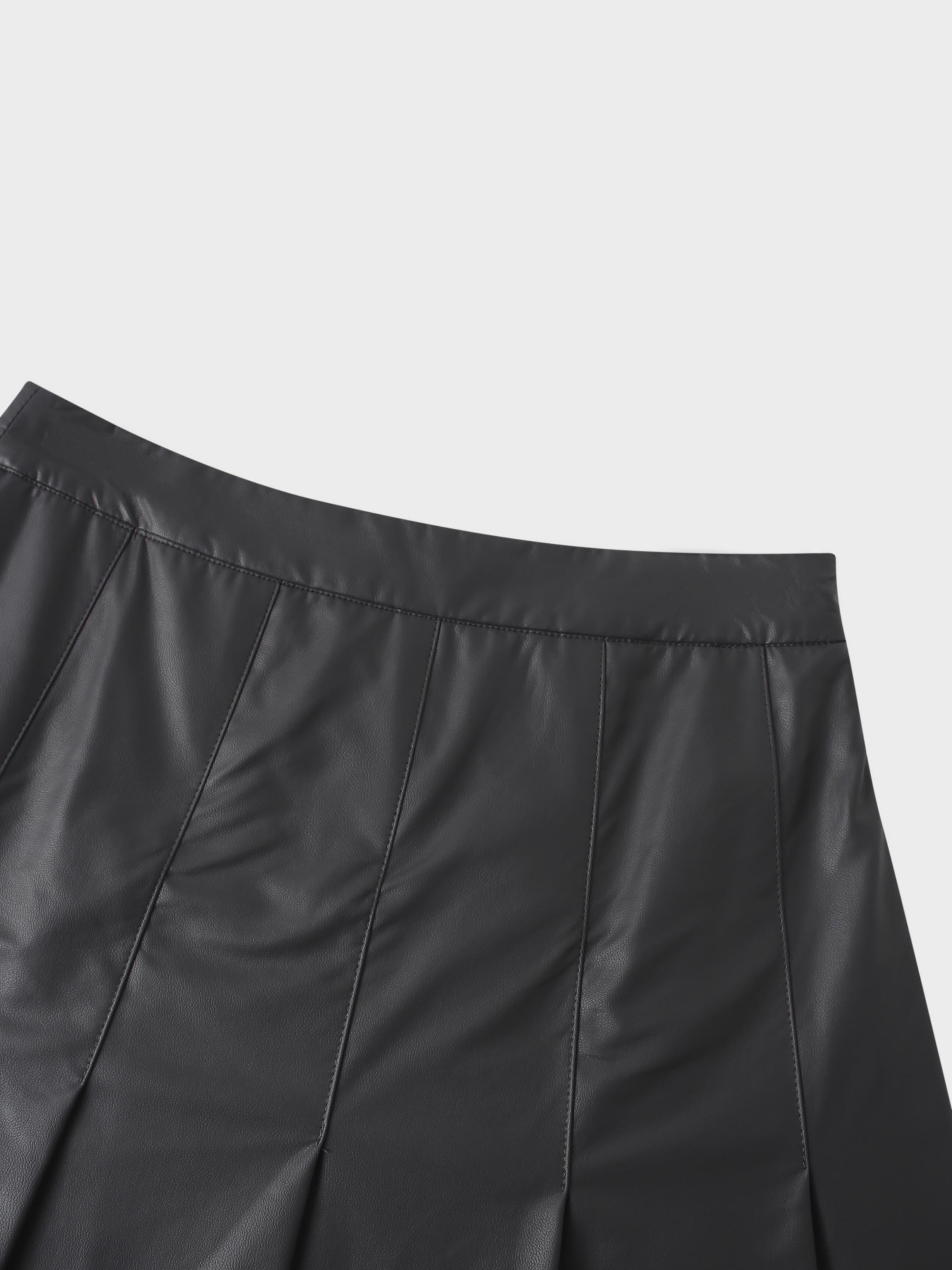 Faux Leather Stitch Down Pleated Skirt-Grey-4