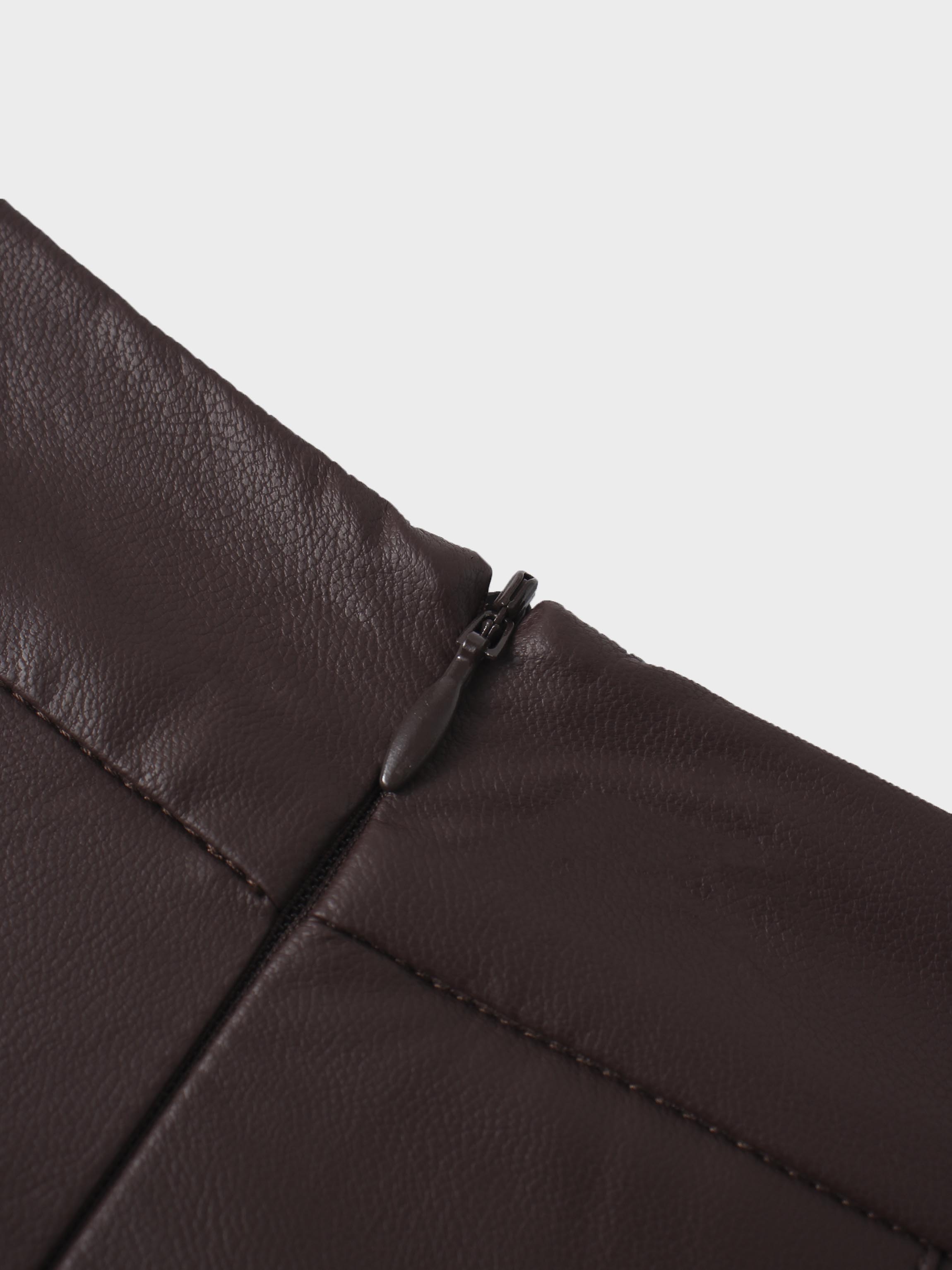 Faux Leather Stitch Down Pleated Skirt-Brown-4