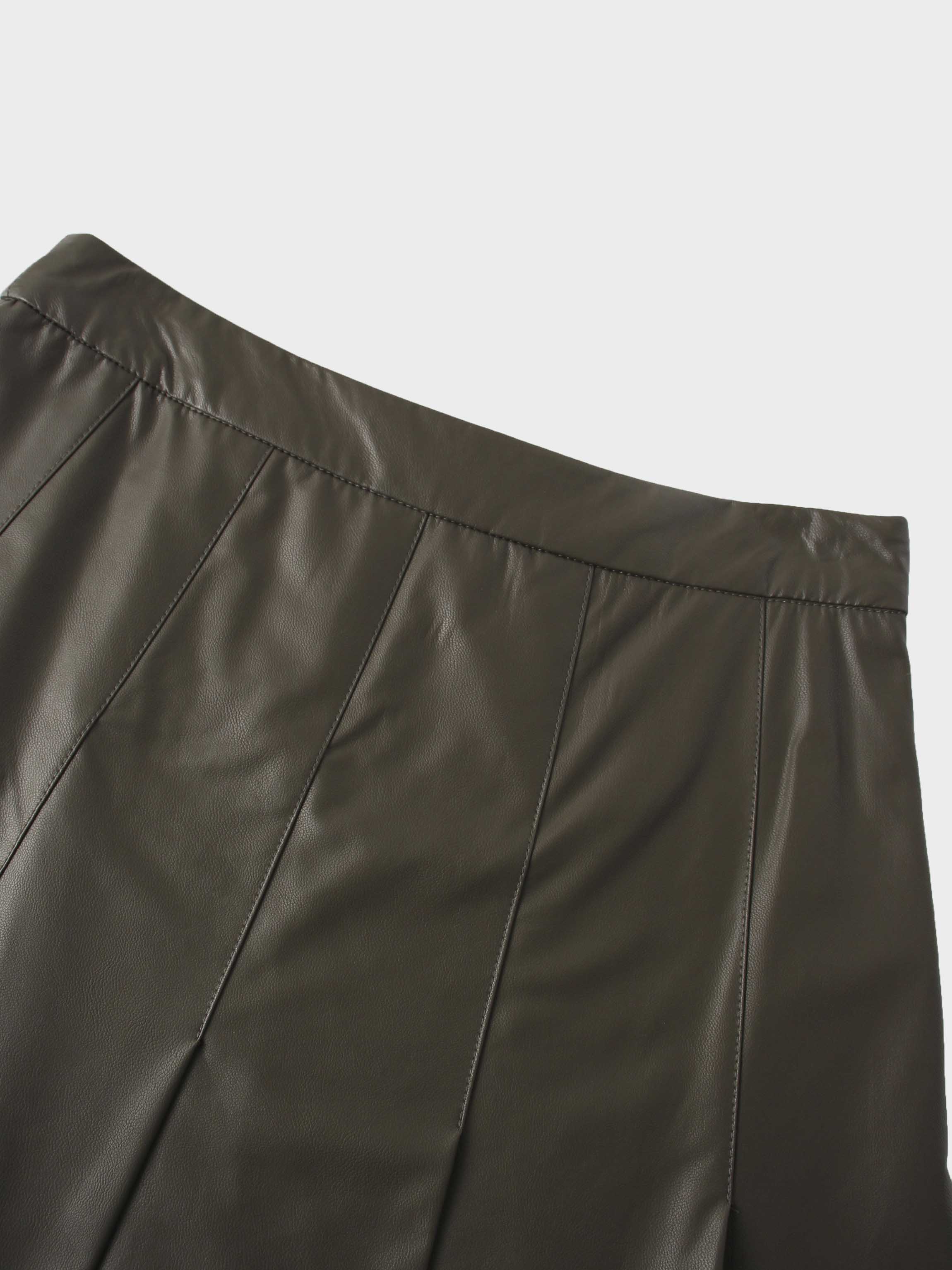 Faux Leather Stitch Down Pleated Skirt-Olive Green-3