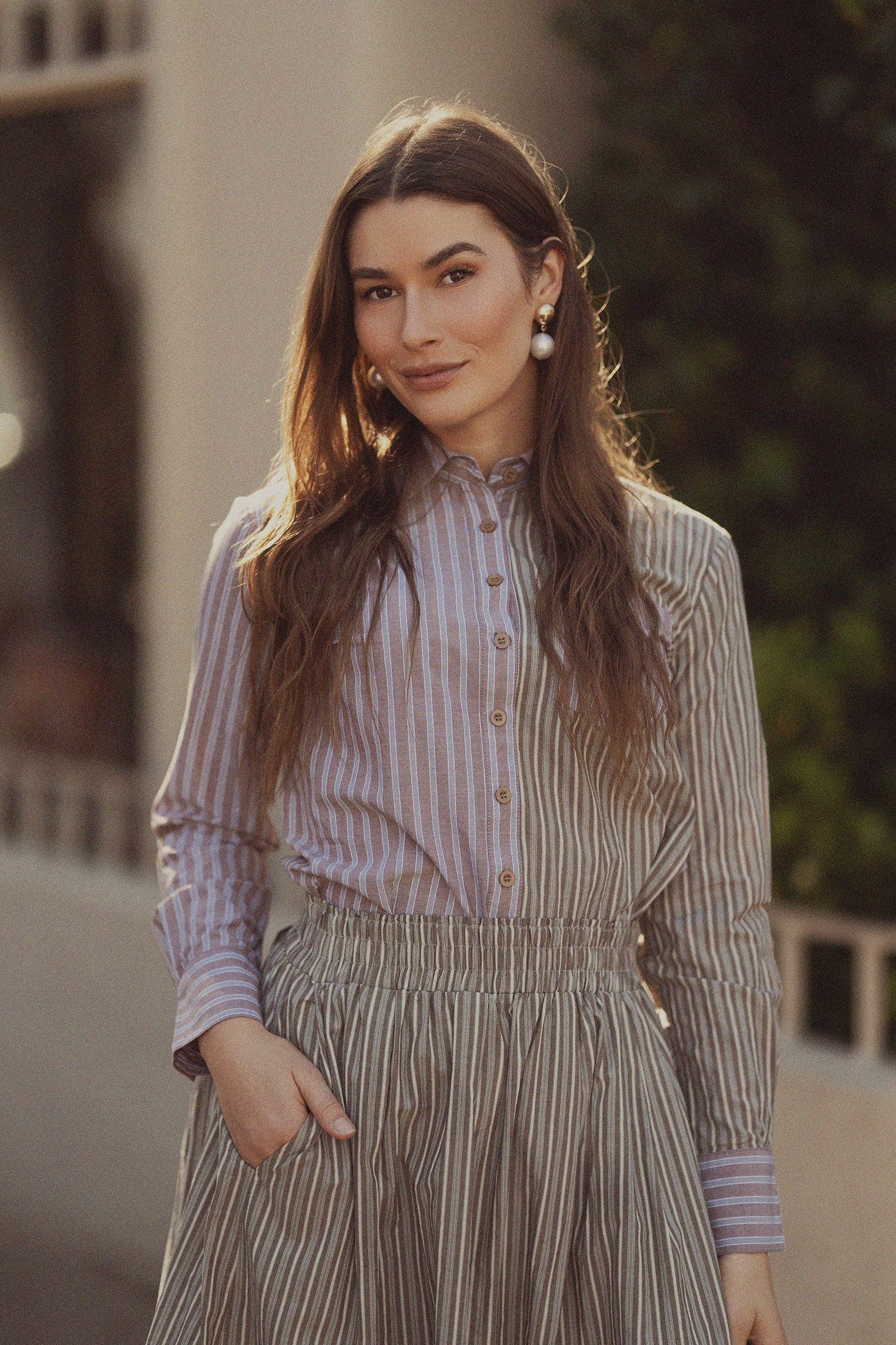 Mix Pinstripe Button Down Shirt-Khaki Stripe-0
