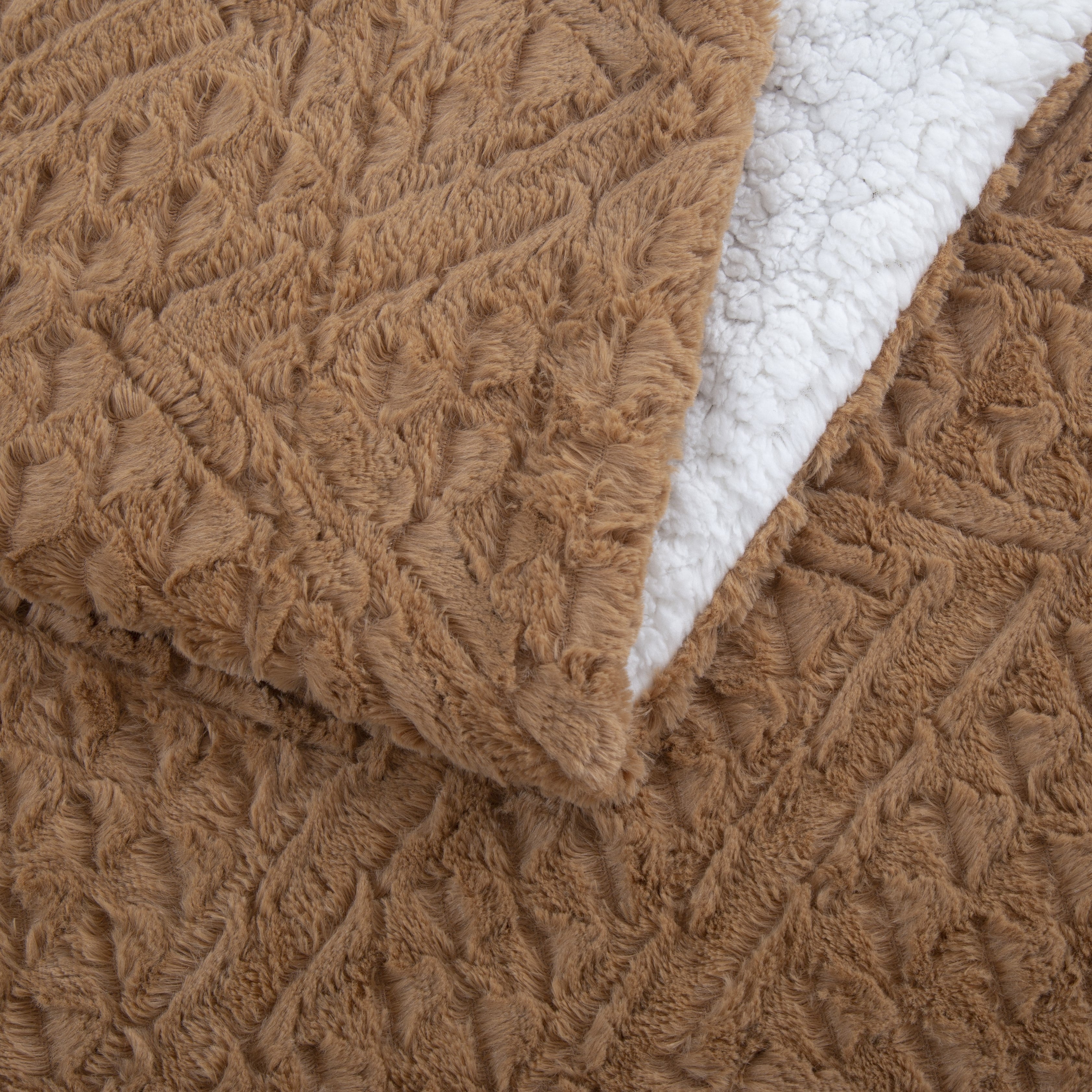 Tache Caramel Brown Faux Fur Throw Blanket Chevron Geometric Embossed (#10)-2