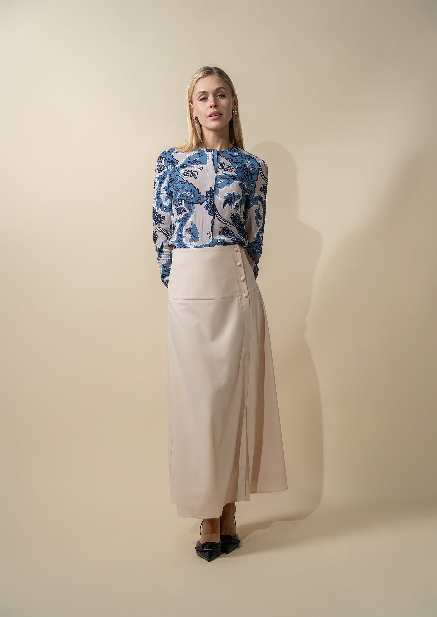 Side Button Yoke Skirt-Bone-0