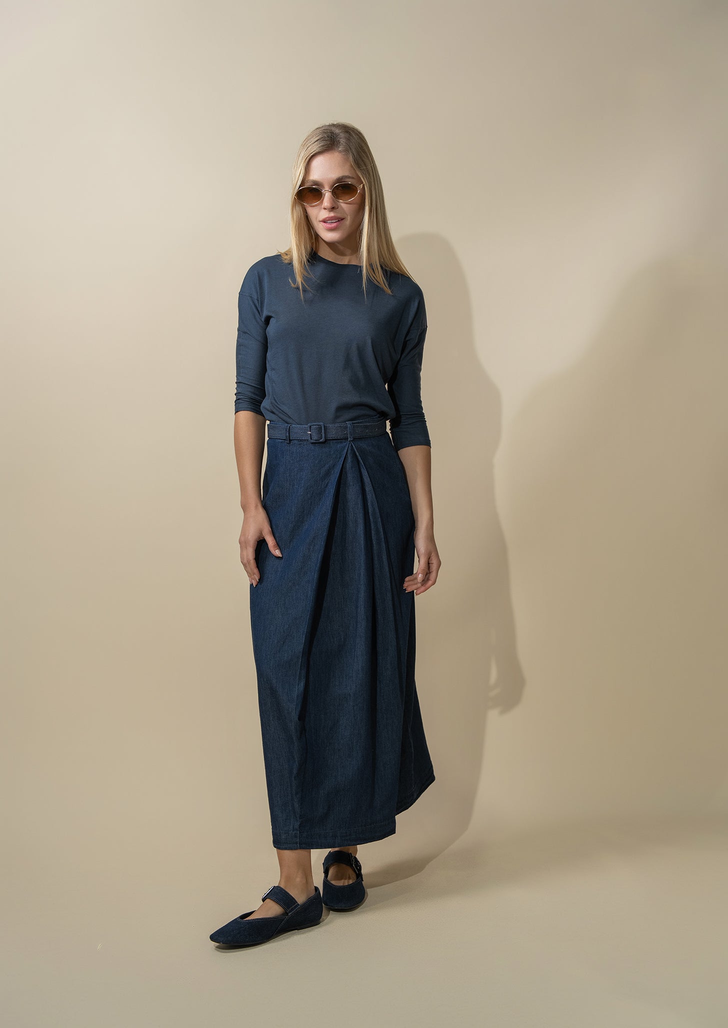 Pima Cotton Boxy Dolman Tee-Navy-3