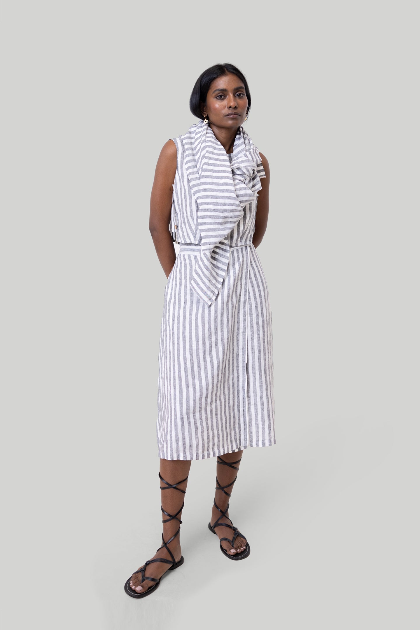 Overlap Midi Skirt in Linen Stripes-0