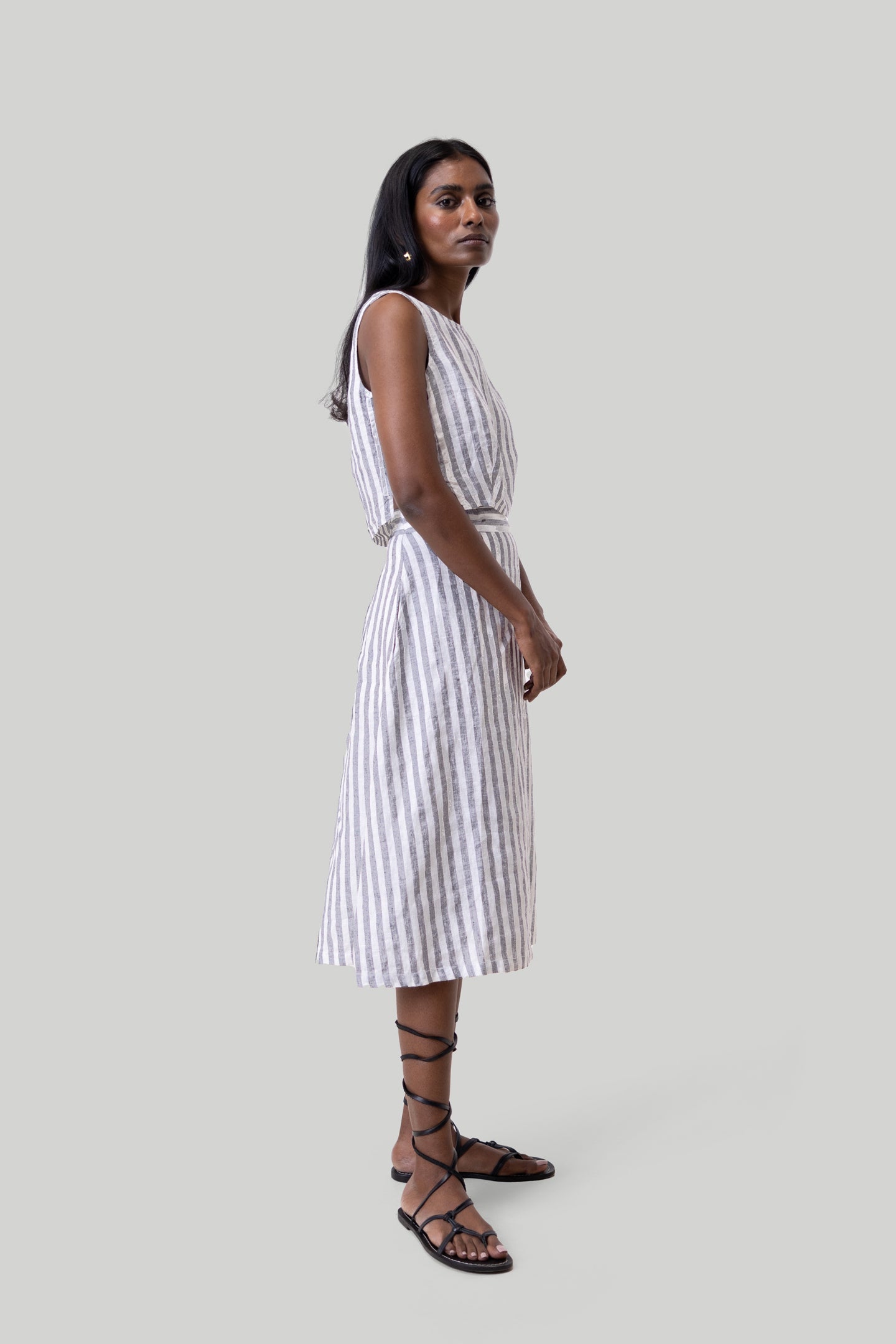 Overlap Midi Skirt in Linen Stripes-2