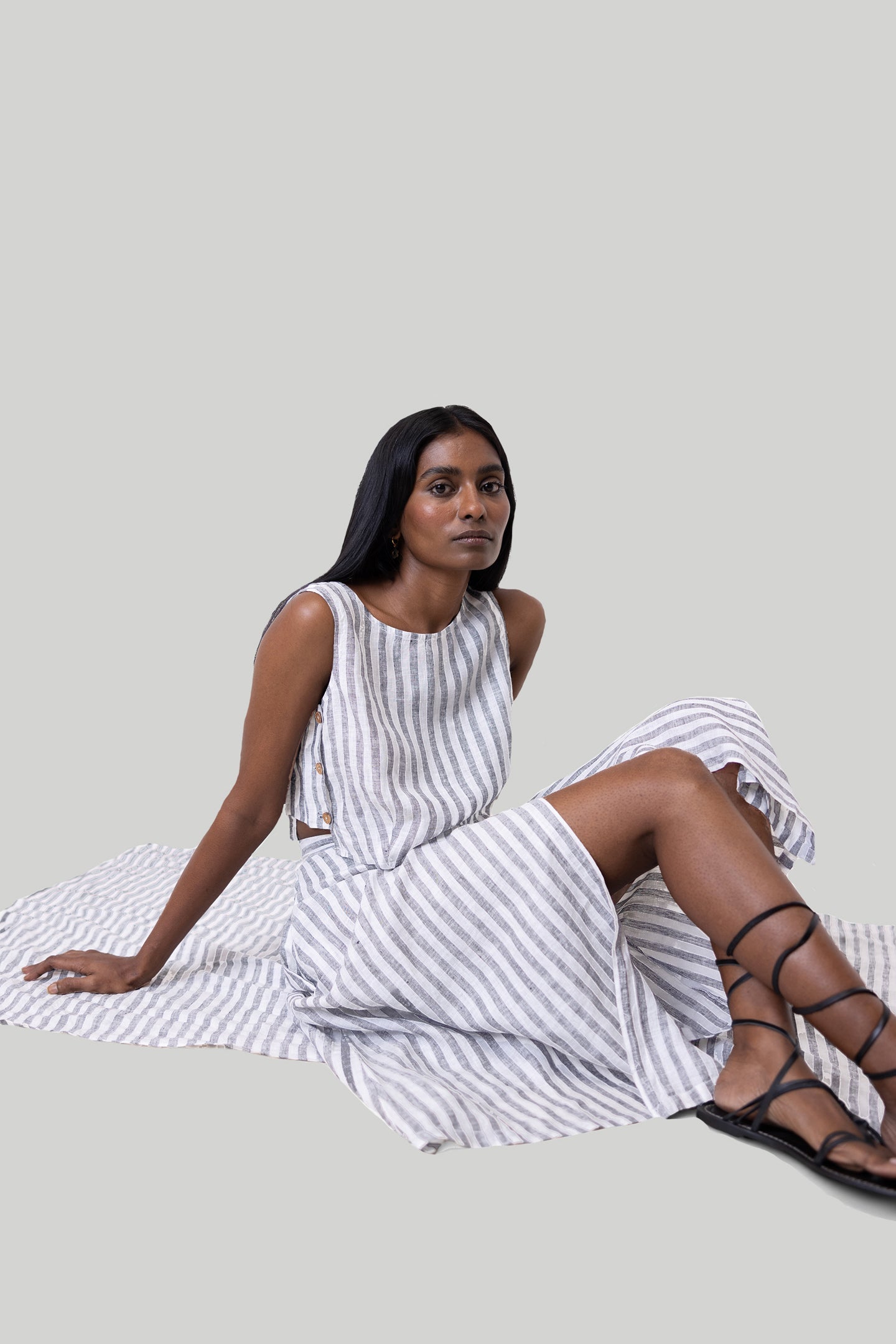 Overlap Midi Skirt in Linen Stripes-3