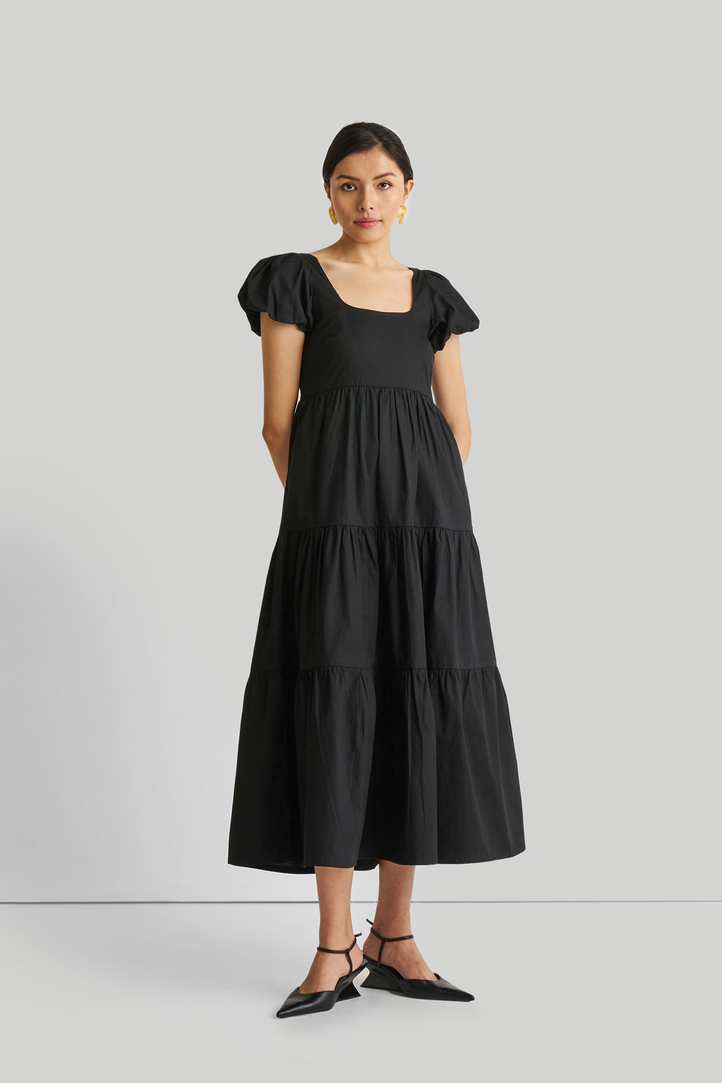 Puff Sleeve Tiered Maxi Dress in Black-0