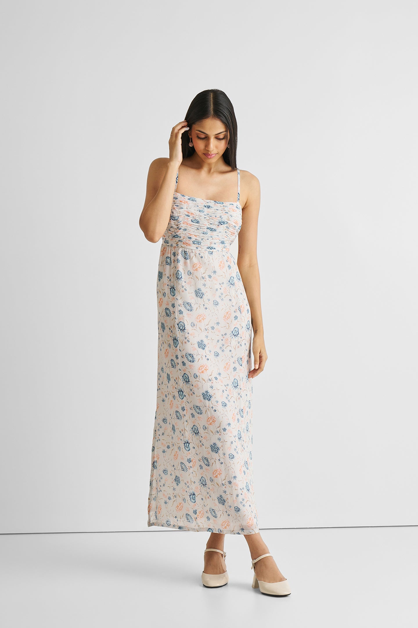 Ruched Floral Strappy Maxi Dress-3